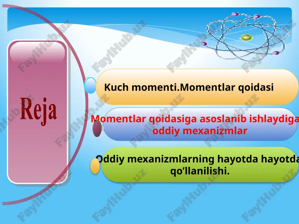 ish mumkin bo‘ladi. 11 qiya tekislik . yukli bochkani qiya tekislikdan chiqarish ancha oson. biror bir burchak ostida qiya tekislik hosil qilinadi.bunda mexanikaning “oltin qoidasi” o’rinli bo’ladi. kuchdan yutsak, yo’ldan,yo’ldan yutsak kuchdan yutqazamiz. 12 oddiy mexanizmlarnig turmushda qo’llanilishi . qaychi,ombir,duradgorlik asboblari,turli xil ochqichlar turmush hayotimizada richag vazifasini bajaradi. 13 tokarlik stanokida qutqaruvchilar asboblarida oddiy mexanizmlarnig texnikada qo’llanilishi slesorlik stanokida ko’tarish kranlarida << oddiy mexanizmlarnig tabiatda qo’llanilishi odam bosh suyagining jag’ qismi, qo’l va oyoq panjalarining barmoq qismi richag vazifasini bajaradi. oddiy mexanizmlarnig tabiatda qo’llanilishi hayvonlarning oyog’i qanchalik uzun bo’lsa shunchalik tez harakat qilishadi. ko’pchilik baliqlarning yelka qanotlari tez harakatlanishiga yordam beradi. yumronq’oziqning panjalari katta tezlikda harakat- lanishiga sabab bo’la oladi. << oddiy mexanizmlarnig musiqada qo’llanilishi pianinoning klavishlari momentlar qoidasiga asoslanib harakatga keltiriladi. oddiy mexanizmlarnig sportda qo’llanilishi oddiy mexanizmlarning hayotda qo’llanilishi. turmushda texnikada musiqada tabiatda sportda e’tiboringiz uchun rahmat! media1.wav image2.png image3.png image4.jpg image5.jpg image6.gif image8.emf image7.jpeg image9.gif image10.jpeg image11.gif image12.png …