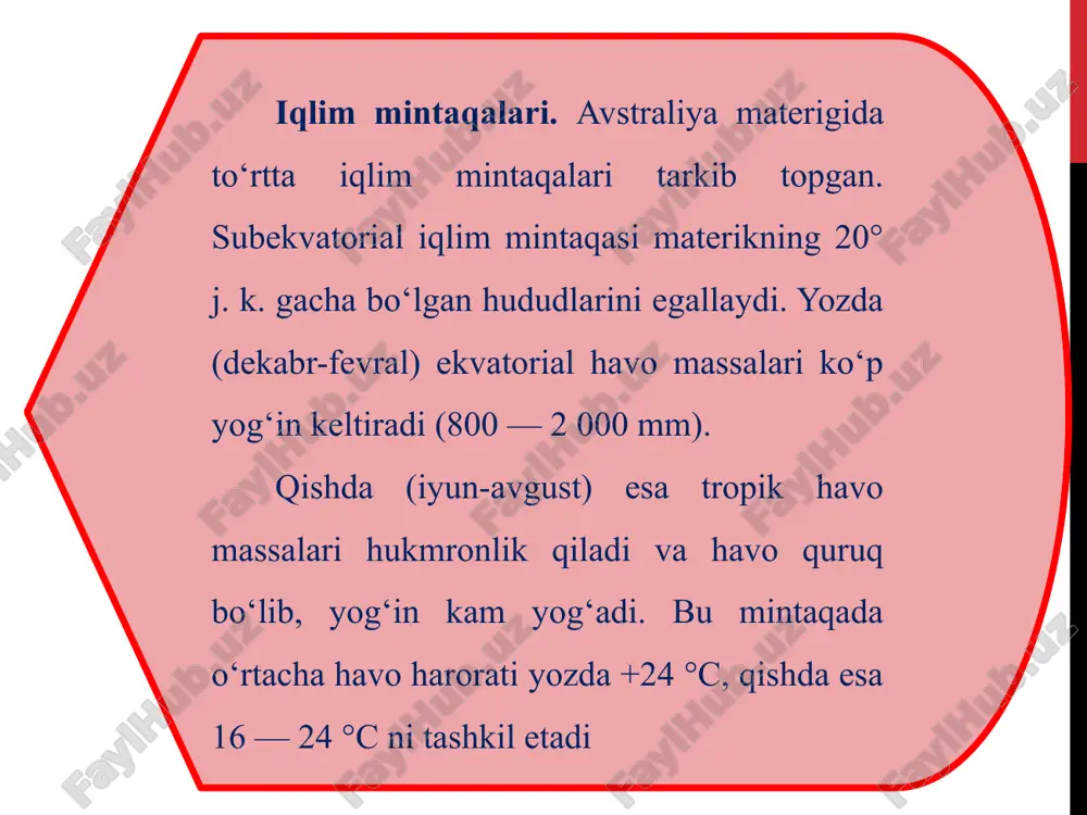 opik iqlim mintaqasidagi tabiat zonalari hududiy xususiyatga ega. materikning g‘arbiy qismida qattiq bargli o‘rmonlar va butalar (asosan, evkaliptlar), janubi-sharqida evkaliðt o‘rmonlari, undan janubda doimiy yashil dub (eman)lar o‘sadi. avstraliya alp tog‘larida balandlik mintaqalari mavjud. tasmaniya aralash o‘rmonlar bilan qoplangan. image2.jpeg image3.jpeg image4.png image5.png image6.png /docprops/thumbnail.jpeg