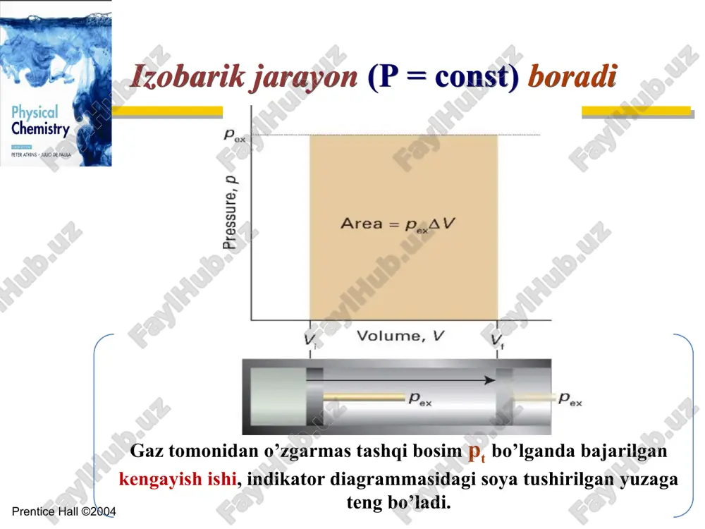 ) jarayonda ish bajarilmaydi, chunki, ga teng bo‘ladi. turli sharoitda ideal gaz kengayishida bajarilgan ishlarning grafik ifodasi rasmda tasvirlangan: egri chiziqlar ostidagi yuza shu jarayon davrida bajarilgan maksimal ishni ko‘rsatadi. prentice hall ©2004 termodinamik sistema – yetarlicha ko‘p miqdordagi molekulalar (struktura birliklari)dan tashkil topgan tabiatning istalgan obyekti bo‘lgan va tabiatning boshqa obyektlaridan xaqiqiy yoki faraz qilingan sathlar chegarasi (chegaralar) bilan ajratilgan istalgan obyektga aytiladi. izolirlangan sistema – muhit bilan na modda na energiya (∆m=0, ∆e=0) almashmaydigan sistemadir. yopiq sistema – muhit bilan modda almashmaydigan, biroq energiya almashi-shi mumkin bo‘lgan sistema (∆m=0, ∆e≠0). ochiq sistema – muhit bilan ham modda, ham energiya almashishi mumkin bo‘lgan sistema (∆m ≠ 0, ∆e ≠ 0). holat – sistema xossalarining majmuasi bo‘lib, sistemani termodinamik nuqtai nazardan aniqlashga imkon beradi. muvozanat holat – ko‘p vaqt sistemaning barcha xossalari doimiy bo‘lib, unda modda va energiya oqimi bo‘lmaydi. statsionar holat - vaqt maboynida sistemaning xossasi o‘zgarmaydi, lekin modda …