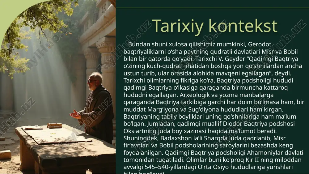 qismi bo'lib, qadimgi savdo yo'llarining kesishgan nuqtasi hisoblanadi. mintaqada joylashgan shaharlar sutkalik savdo oqimlaridan foydalanib, o'z iqtisodiy rivojlanishiga katta hissa qo'shdi. transport yo'llari, qulaylik va xavfsizlikni ta'minlaydigan inshootlar bilan bog'langan, shuning uchun baqtriya boshqa hududlar bilan keng aloqalarda bo'ladi. → baqtriyaning qo'shni mamlakatlar bilan aloqalari baqtriya, geografik jihatdan qiziqarli pozitsiyada joylashgani sababli, qo'shni mamlakatlar bilan aloqalarni rivojlantirishda muhim rol o'ynadi. u fors, yunon va boshqa xalqlar bilan savdo, diplomatik aloqalar va madaniy almashinuvni amalga oshirdi. bu aloqalar tomonidan yaratilgan iqtisodiy va madaniy o'zaro ta'sirlar, baqtriyaning tarixiga katta ta'sir ko'rsatdi. ↓ xulosa qadimgi baqtriyaning tarixiy va geografik joylashuvi nafaqat uning iqtisodiy rivojlanishiga, balki ijtimoiy-siyosiy tuzilishiga ham ta'sir ko'rsatdi. etnik xilma-xillik va strategik joylashuv, baqtriyaning madaniyatini shakllantirishga, shuningdek, qo'shni mintaqalar bilan bog'lanishiga imkon yaratdi. → foydalanilgan adabiyotlar karimov i.a. tarixiy xotirasiz kelajak yo‘q., t. «sharq», 1998. 2. annaev t., shaydullaev sh. surxondaryo tarixidan lavhalar., meros, 1997. 3. tursunov s.n. va b. surxondaryo …