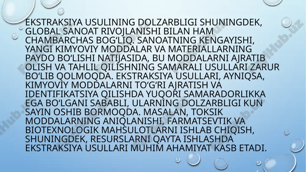 imoya qilish va boshqa sohalarda ekstraksiya usulining qo‘llanilish imkoniyatlarini aniqlash. ekstraksiya usulining asoslari ekstraksiya usuli — bu bir moddaning (yoki modda aralashmasining) boshqa modda yordamida ajratilishi jarayonidir. bu jarayon asosan ikki faza o‘rtasidagi moddalar almashinuviga asoslanadi: bir fazada erigan modda ikkinchi fazaga o‘tadi. ekstraksiya jarayoni ko‘plab sanoat tarmoqlarida va analitik kimyoda keng qo‘llaniladi. bu usul orqali kimyoviy moddalarni ajratish, sof holatga keltirish va tahlil qilish mumkin. ekstraksiya jarayoni kimyoviy reaksiyalarga asoslanib amalga oshadi, bu esa moddalar o‘rtasidagi fizik va kimyoviy o‘zaro ta’sirlarni nazarda tutadi. ekstraksiya usulining asosiy prinsiplari: eramizning faza o‘rtasida almashinuvi: modda bir fazadan ikkinchi fazaga ko‘chadi. misol uchun, suyuqlikdan suyuqlikka yoki qattiqdan suyuqlikka o‘tish. kimyoviy xususiyatlar va eruvchanlik: ekstraksiyalanadigan moddaning eruvchanligi, shu jumladan, uning boshqa moddalarda erish qobiliyati usulning samaradorligini belgilaydi. temperatura va bosim: ekstraksiya jarayonining samaradorligini boshqarish uchun maxsus harorat va bosim sharoitlari qo‘llaniladi. 2. ekstraksiya usulining turlari ekstraksiya usullari turli xususiyatlarga va jarayonlarga qarab bir necha …