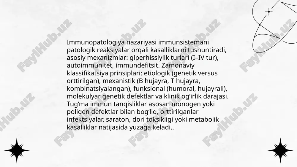 ydai_bot og‘ir kombinatsiyalangan immun tanqislik (scid) - irsiy t va b hujayra funksiyasi yo‘qolishi bilan tavsiflanadi. klinik: neonatal davrda og‘ir qaytalanadigan bakterial, zamburug‘ va opportunistik infektsiyalar, falaj va surunkali diareya. diagnostika: neonatal trec skrining, immünofenotiplash (t−/b−/nk±). boshqarish: tezkor hsct ideal ravishda birinchi 3–4 oy ichida; muvaffaqiyat 80–90%gacha bo‘lishi mumkin. alternativ: gen terapiyasi (ada, il2rg), ivig, profilaktik antibiotiklar, antifungal preparatlar, izolyatsiya, jonli vaksinlardan cheklash. davolanishsiz yuqori neonatal mortalitet. ... t.me/slaydai_bot fagotsit funksiyasi buzilishlari neutrofil va makrofaglarda fagositoz, oksidativ burst va mikroorganizmlarni o'ldirishning zaiflashishi bilan namoyon bo'ladi. kronik granulomatoz kasallik (kgk) nadph oksidaza kompleksidagi mutatsiyalar (x-xromosoma ar, autosomal rezessiv) natijasida yuzaga keladi. klinik: takroriy bakterial va zamburug‘li infektsiyalar, granuloma hosil bo‘lishi, limfa tugunlari va ichak obstruksiyasi. diagnostika: nbt testi, dhr oksidazi testi, genetik tadqiq. davolash: profilaktik antibiotiklar, antifungal dorilar, interferon-gamma, qizil suyak ildizi transplantatsiyasi. ... t.me/slaydai_bot komplement tizimi defektlari: klassik yo'l (c1q, c2, c4) immun komplekslari tozalanishi buzilishiga, autoimmun kasalliklar (masalan sle) …