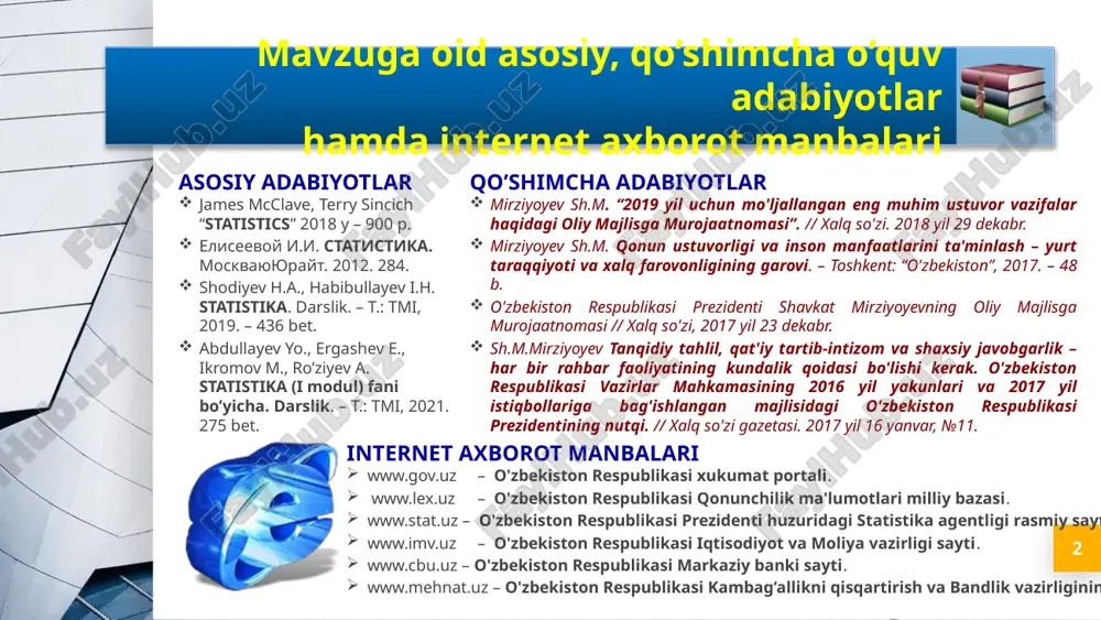 analitik; tipologik; mahsus tayinlangan (balans, matritsa va h.k.) jadvallarga bo'linadi. 9 oddiy jadvallar deb egasi faqat hodisalar, yillar, obyektlar ro'yhatidan tashkil topgan jadvallarga aytiladi. 2. statistik jadval turlari oddiy jadvallar, ma'lumotlarni berilishiga qarab: sanoqli jadvallar; territorial jadvallar; xronologik jadvallarga bo'linadi. jadval egasida hodisalar sanog’i berilishi mumkin. 10 11 12 statistik jadvallarni tuzish va rasmiylashtirish bo'yicha quyidagi qoidalarga amal qilinadi: 2. statistik jadval turlari jadval uncha katta bo'lmasligi kerak. agar o'rganilayotgan to'plam juda murakkab bo'lsa, u holda uni bitta jadval yordamida emas, balki bir-biri bilan bog’langan bir nechta jadvalda ifodalash zarur. jadvalning umumiy sarlavhasi uning mazmunining qisqa ifodasi bo'lishi kerak. unda vaqt, hudud, o'lchov birligi (agar ham ko'rsatkichlar bitta o'lchov birligida o'lchansa) ko'rsatiladi. ustun va qatorlardagi nomlar ham aniq, qisqa va tushunarli bo'lishi lozim. agarda jadval katta bo'lsa, qulaylik tug’dirish uchun jadvalning ustunlariga tartib nomeri beriladi, qatorlari bir, ikki va h.k yoki a, b, v harflari bilan belgilanishi mumkin. jadvalda o'zaro …