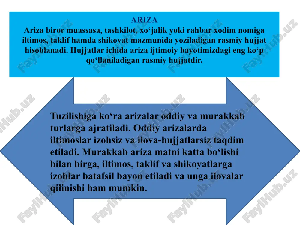 nidagi 64-o‘rta maktab direktori h.m.hayitboyevaga 9-sinf o‘quvchisi laziza usmonovadan a r i z a ota-onam bilan birga toshkent shahriga doimiy yashash uchun ko‘chib kelganimiz sababli, meni siz rahbarlik qilayotgan maktabning 9-sinfiga qabul qilishingizni so‘rayman. 15.10.2020 (imzo) l. usmonova tilxat tilxat - biror shaxsdan yoki muassasa (tashkilot, korxona, xo‘jalik)dan pul, qimmatbaho buyumlar olinganligini tasdiqlovchi rasmiy yozma hujjat. tilxat bir nusxada tilxat beruvchining o‘z husnixatida yoziladi va pulli, qimmatbaho hujjat sifatida saqlanadi. tilxatdagi yozuvlarni o‘chirish yoki tuzatish mumkin emas, chunki bunday hujjat buzilgan, ya`ni qalbaki hisoblanadi. yirik miqdordagi pullarga beriladigan tilxat notarial idoralar tomonidan tasdiqlanadi va pul-buyumlarni sud orqali undirishga asos bo‘ladi. olinadigan pul miqdori yoki buyumning bahosi va uning soni tilxatda raqamlar bilan ko‘rsatiladi, qavs ichida esa so‘zlar bilan qayd etilishi shart. tilxat quyidagi zaruriy qismlar asosida yoziladi: 1. hujjatning nomi 2 .matn: a) tilxat beruvchining lavozimi, familiyasi, ismi, ota ismi; b) pul, hujjat, buyum yoki boshqa qimmatbaho narsani beruvchi shaxsning …