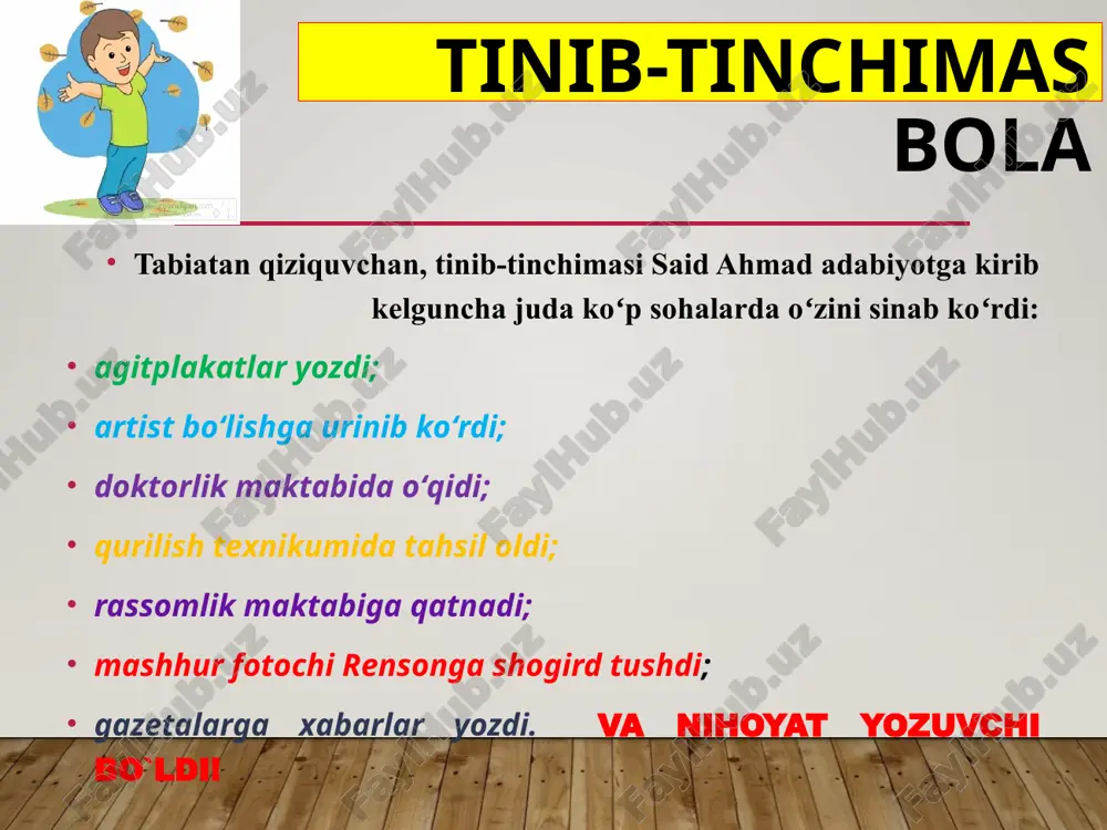 n mashaqqatli kunlar, musibatlar, ularni katta bardosh bilan yengib o'tgan kishilar adib tomonidan zo'r mehr va ilhom bilan tasvirlangan. qochoq tursunboy shu to'qayda. uning qamishlar orasida yashirinib yurishini jannat xoladan boshqa hech kim bilmasdi… 1. “jimjitlik” romani kimning qalamiga mansub va qachon yaratilgan? 2. “kelinlar qo’zg’oloni” komediyasi kimning qalamiga mansub va qachon yozilgan? 3. “ufq” trilogiyasining birinchi kitobi? 4. “qochoq” deb nomlangan parcha trilogiyaning qaysi kitobidan olingan? 5. tursunboyning ota-onasi kim edi? 6. “... ota diydoridan, ona mehridan, yor birodarlari davrasidan olisda, chaqirsa ovoz yetmaydigan joyda quvg’in bo’lib, olamdan o’tgan...” yigit qaysi asar qahramoni? 7. kimning qaysi asari abdulla qahhor tomonidan “... odamga quvvat beradigan, uning boshini “toshdan”qiladigan ishonch barq urib turgan haqiqiy hayot manzarasidir” deb ta’riflangan? 8. ikromjon o’g’li tursunboyni to’qayda uchratganda uning to’qayga kelganiga necha oy bo’lgan edi? bilimingizni sinang! audio1.wav image2.jpeg image3.jpeg image4.jpeg image5.gif image6.png image7.jpeg image8.jpeg image9.jpeg image10.jpeg image11.jpeg image12.jpeg image13.jpeg image14.jpeg image15.jpeg image16.jpeg image17.jpeg image18.jpeg …