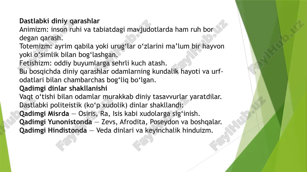 uhim o‘rin tutadi. yahudiylik esa dunyodagi eng qadimiy monoteistik dinlardan biri bo‘lib, qadimiy yahudiy davlati hududida, miloddan avvalgi i ming yillikda shakllangan. uning asosida yagona xudo yahvega ishonish turadi. muqaddas kitobi tanax hisoblanadi. falsafiy-diniy ta’limotlardan konfutsiychilik va daoizm xitoy hududida shakllangan. konfutsiychilik asoschisi konfutsiy bo‘lib, u axloqiy poklik, jamiyatda tartib, ota-onaga hurmat va insoniy burchni bajarish g‘oyalarini targ‘ib qilgan. daoizm esa lao-szi ta’limotiga asoslanib, insonning tabiat bilan uyg‘unlikda yashashini asosiy maqsad qilib qo‘yadi. “dao” tushunchasi, ya’ni yo‘l, bu ta’limotning markaziy tushunchasidir. umuman olganda, dinlarning barchasi turlicha tarixiy sharoitlarda paydo bo‘lgan bo‘lsa-da, ularning asosiy maqsadi insonni ma’naviy poklash, ezgulik sari yetaklash va jamiyatda axloqiy qadriyatlarni shakllantirishdan iboratdir. din axloqiy-tarbiyaviy, ma’naviy-ma’rifiy, madaniy hamda ijtimoiy jihatdan insoniyat hayotida muhim o‘rin tutib kelmoqda. 3.dinlarning jamiyat va madaniyatdagi o‘rni jamiyat hayotida dinning eng muhim jihatlaridan biri bu uning axloqiy-tarbiyaviy o‘rnidir. har bir din halollik, adolat, mehr-oqibat, insonparvarlik kabi qadriyatlarni targ‘ib etadi. xristianlikda mehr va kechirim, …