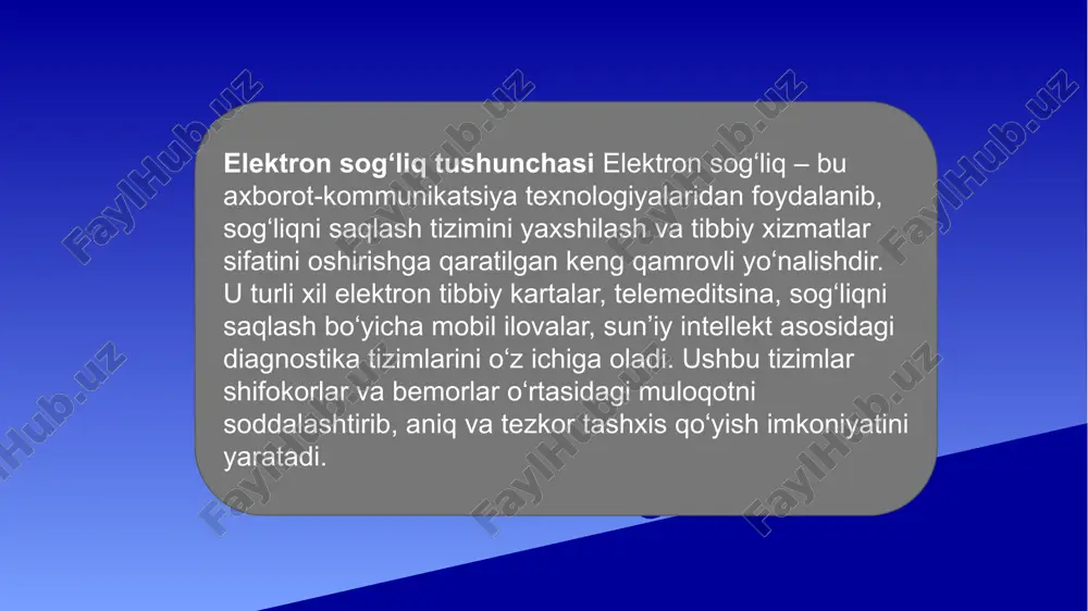 motlarni saqlash va ularga istalgan joydan kirish imkoniyatini yaratadi. sun’iy intellekt va mashinani o‘rganish – kasalliklarni tashxislash va davolash jarayonlarini optimallashtiradi. iot (internet of things) tibbiyotda – aqlli qurilmalar orqali bemorlarning sog‘lig‘ini doimiy kuzatib borish imkonini beradi. blokcheyn texnologiyasi – tibbiy ma’lumotlarning xavfsizligini oshirish va ma’lumotlar almashinuvini soddalashtirish uchun qo‘llaniladi. elektron sog'liq tizimining afzalliklari tezkor va aniq ma'lumotlar almashinuvi – shifokorlar bemorlarning tibbiy tarixini elektron tarzda ko'rib chiqishlari, tahlil natijalarini tezkor qabul qilishlari va diagnoz qo'yishda xatolik ehtimolini kamaytirishlari mumkin. tibbiy xizmatlarning sifatini oshirish – elektron sog'liq tizimi shifokorlar va bemorlar o'rtasidagi muloqotni osonlashtiradi, masofaviy maslahat olish imkoniyatini yaratadi. tibbiyot xodimlari yukini kamaytirish – qo'lda yuritiladigan hujjatlar soni qisqaradi, bu esa shifokorlarning asosiy vazifalariga ko'proq e'tibor qaratishiga imkon beradi. tahlil va monitoring imkoniyatlari – ushbu tizimlar yordamida kasalliklarning tarqalishini kuzatish va tibbiy statistikani yuritish osonlashadi. resurslardan samarali foydalanish – dori-darmon va tibbiy asbob-uskunalarning aniq hisob-kitobi yuritilib, ortiqcha xarajatlarning oldi olinadi. …