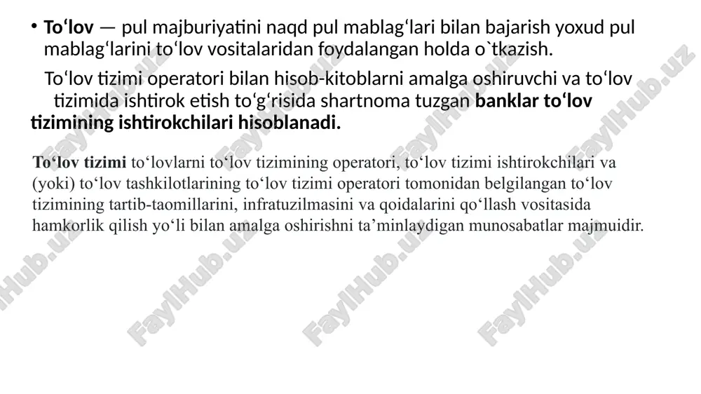 mpaniya ecash deb nomlangan, uning asoschisi western union tizimini modernizatsiya qilgan gollandiyalik tahlilchi devid chaum edi. 1999 yilda, allaqachon elektron to'lov tizimlari bozorida ustun bo'lgan mashhur webmoney paydo bo'ldi. 2002 yil eptning rivojlanishi uchun juda muhim yil bo'ldi, chunki bu yil rupay tizimini yaratish to'g'risida shartnoma imzolandi. muhimi shundaki, shartnoma rossiya va ukraina dasturchilari o'rtasida tuzilgan. elektron to’lov tizimlari o cyberplat to’lov tizimi o paycash to’lov tizimi o webmoney to’lot tizimi o assist to’lov tizimi o websum to’lov tizimi o e-kormon to’lov tizimi cyberplat («kiberplat») — multi banklarga mo’ljallangan universal elektron to’lov tizim. cyberplat 1997 possiyaning “platina” banki va aqshning cyberinsti kompaniyasi tomonidan yaratilgan. cyberplat eng katta hajmdagi to’lovlarni amalga oshiruvchi tizim hisoblanadi va umumiy 840000 ta punktga hizmat ko’rsatadi,ulardan 580 mingtasirossiya va mdx davlatlarida joylashgan. 2014 yilning 1-yanvariga kelib elektron to’lov tizim qatnashchilari soni 300 ta bankni tashkil qildi. cyberplat to’lov tizimidan 3600 ortiq turli xil provayderlar foydalanadi shu …