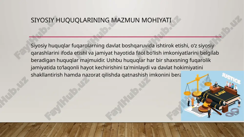 larini rivojlantirish: jamoat tashkilotlari, nodavlat tashkilotlar va media faoliyatini qo‘llab-quvvatlash. 3. elektron hukumat tizimini joriy etish: fuqarolarga davlat xizmatlaridan foydalanish va boshqaruv jarayonlarida ishtirok etishni osonlashtirish. 4. ta'lim va targ‘ibot ishlari: fuqarolarning siyosiy va huquqiy savodxonligini oshirishga qaratilgan dasturlarni amalga oshirish. mitinglar, yig’ilishlar va namoyishlar o’tkazish va ishtirok etish huquqi. miting, yig‘ilish va namoyish o‘tkazish va ularda ishtirok etish huquqi har bir fuqaroning konstitutsion huquqlaridan biridir. o‘zbekiston respublikasida bu huquq konstitutsiyaning 38-moddasida kafolatlangan bo‘lib, fuqarolarga o‘z manfaatlarini ifoda etish, ijtimoiy, siyosiy yoki iqtisodiy masalalar yuzasidan norozilik bildirish uchun qonun doirasida miting va yig‘ilishlar tashkil etish huquqi beriladi. miting, yig‘ilish yoki namoyishni tashkil qilishdan oldin mahalliy hokimiyat organlariga yozma ravishda murojaat qilish talab etiladi. ruxsatnoma berish yoki rad etish qarori qonunda belgilangan muddat ichida qabul qilinadi. tadbirni tashkil etish va o‘tkazishda jamoat tartibini buzmaslik, boshqa fuqarolarning huquq va erkinliklariga zarar yetkazmaslik zarur. qonuniy talablar taqiq va cheklovlar tinchlik va xavfsizlikni buzadigan, …