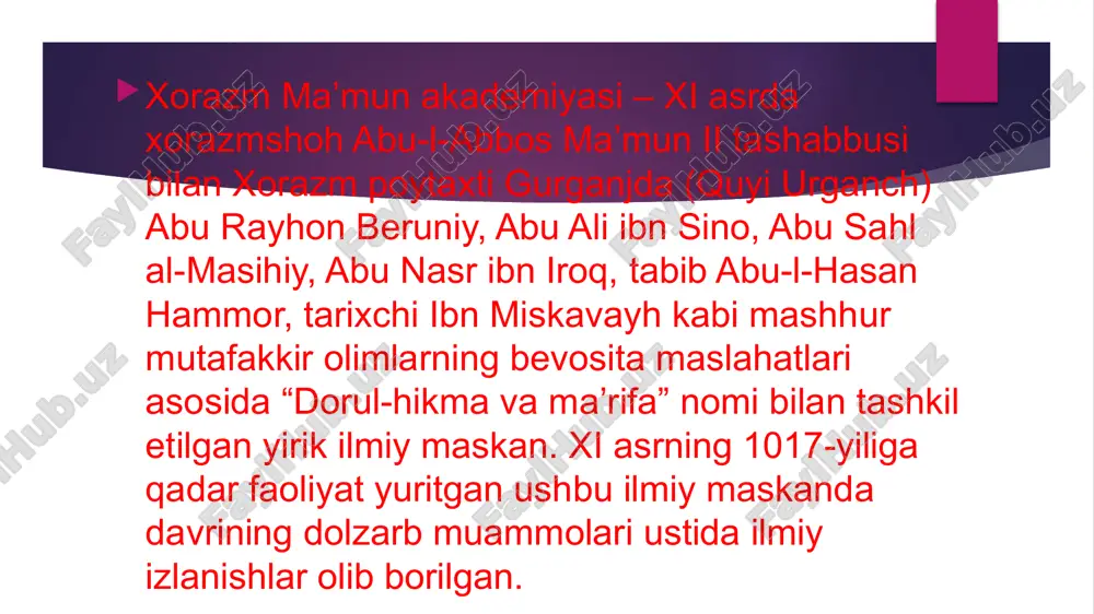 larini ham ma’lum tartib bilan ta’riflab berdi, trigonometriyani mustaqil fan darajasiga ko’tardi. u o’zining geografiyaga doir tadqiqotlarida yetti iqlim bo’yicha joylashgan mamlakatlar, dengiz va orollarning aniq koordinatalarini ko’rsatib berdi, dunyoning eng mukammal xaritasini ishlab chiqdi. o'zi yaratgan astronomik asboblar yordamida yer sharining o’ziga hos shaklini-globusini kashf qildiki, bu insoniyat tarixida yaratilgan buyuk ixtirolardan edi. u yunon olimlaridan farqli o’laroq hind va atlantik okeanlarning tutashganligini original usulda isbotlab, hristofor kolumbdan besh yuz yil avval okean ortida bizga noma’lum bo’lgan yirik qit’a-amerika qit’asi mavjudligini ilmiy bashorat qildi. beruniy tarix, etnografiya, til, adabiyot va tabobat ilmlari sohasida ham boy meros qoldirgan qomusiy olimlardandir. abu nasr ibn iroq xorazm ma’mun akademiyasining peshqadam olimlaridan yana biri abu nasr iroq (vaf.1039y.) dir. u o’zining matematika va astronomiya sohasidagi tadqiqotlari bilan olimlar orasida juda tanilgan va katta hurmatga sazovor bo’lgan. olim yuqoridagi fanlarga doir 30 dan ortiq asarlar muallifidir. shulardan 12 asari shogirdi beruniyga bag’ishlanadi. abu nasrning …