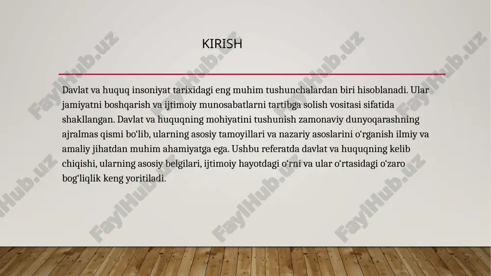 vlatning faoliyatini cheklash, fuqaro huquqlarini himoya qilishda katta ahamiyatga ega. davlat hokimiyati qonunlar orqali belgilangan chegaralarga rioya qilishga majbur. . huquqiy davlatda inson huquqlarining ta’minlanishi asosiy masalalardan biridir. buning uchun davlat ijtimoiy, siyosiy va iqtisodiy huquqlarni kafolatlaydi. xulosa davlat va huquq tushunchalari ijtimoiy hayotda beqiyos ahamiyatga ega. har bir jamiyatda ularning o‘rni va roli har doim o‘zgarib, rivojlanib kelgan. davlat va huquqning tarixiy rivojlanishi, jahon va milliy huquqiy tizimlaridagi o‘zgarishlar, zamonaviy ijtimoiy, siyosiy va iqtisodiy jarayonlardagi roli muhokama qilinadi. bugungi kunda, huquq va davlat tushunchalari nafaqat ilmiy tadqiqotlar uchun, balki ijtimoiy hayotda amalga oshirilayotgan qonunlar va ijtimoiy-siyosiy faoliyatni tartibga solishda ham zarur hisoblanadi. ushbu ishda davlat va huquq tushunchalarining o‘zaro aloqalari, ularning ahamiyati va jahon davlatlaridagi qo‘llanilishiga oid misollar keltiriladi. . davlat va huquq ijtimoiy barqarorlikni ta’minlovchi muhim institutlardir. ular jamiyatning rivojlanishi, inson huquqlari himoyasi va adolatning qaror topishida muhim o‘rin tutadi. davlat va huquqning mohiyatini chuqur anglash ular o‘rtasidagi …