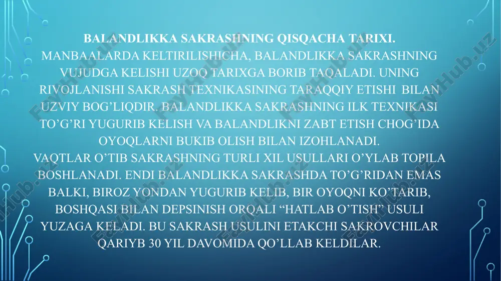 lashtirishga intiladi. shu maqsadda u depsinuvchi oyog’ini bukib, gavdaga yaqin tortadi, boshi bilan yelkasini planka tomonga ko’proq engashtiradi. sakrovchi gavdasining bu qismlarini “uzoqdagi” qo’li bilan birga planka orqasida pastga tushiradi. bu harakatlar natijasida aylanish radiusi kamayadi, tezlik esa oshadi va planka tepasidagi eng yuqori nuqtada sakrovchining gavdasi gorizontal holatga keladi. gavdaning bu qismlarini bo’ylama o’qqa yaqinlashishi aylanish radiusini kamaytirib, aylanish tezligini shunga yarasha oshiradi. bu sakrovchinig planka tepasida ko’kragini yerga burgan holatda bo’la olishiga imkon beradi. keyin sakrovchi plankadan uzoqlashishga harakat qilib, aylanma harakatlarni tos va depsinuvchi oyog’ini planka ustidan o’tkazadigan yo’lga soladi. shu maqsadda u depsinuvchi oyog’ining tizzasi bilan tagini tashqariga buradi, tosini esa tos-son bo’g’inidagi harakatchanlik qancha yo’l qo’ysa, shuncha planka tomon buradi. image2.png image3.emf image4.jpeg /docprops/thumbnail.jpeg