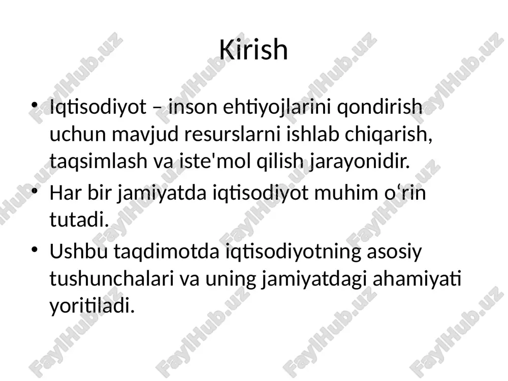 tlar yaratish - inflyatsiya va ishsizlikni nazorat qilish global iqtisodiyot global iqtisodiyot – mamlakatlararo tovar, xizmat va kapital almashinuvi. global iqtisodiy jarayonlar: - savdo - investitsiya - pul-kredit munosabatlari iqtisodiy o‘sish va rivojlanish iqtisodiy o‘sish – ishlab chiqarish hajmining oshishi. iqtisodiy rivojlanish – insonlar hayot darajasi va iqtisodiy imkoniyatlarning yaxshilanishi. iqtisodiy rivojlanish uchun innovatsiyalar va texnologiyalar muhim. xulosa iqtisodiyot jamiyat hayotida markaziy o‘rin tutadi. resurslarni samarali ishlatish va bozor mexanizmlarini tushunish muhim. davlat va global iqtisodiyot hamkorligi iqtisodiy barqarorlikni ta’minlaydi. foydalanilgan adabiyotlar 1. m. karimov, "iqtisodiyot nazariyasi", toshkent, 2020 2. o‘zbekiston respublikasi moliya vazirligi, "iqtisodiy statistik ma’lumotlar", 2023 3. p. samuelson, w. nordhaus, "iqtisodiyot asoslari", 2019 rahmat diqqat uchun rahmat! image1.png image2.png image3.png image4.png image5.png image6.png image7.png image8.png image9.png image10.png /docprops/thumbnail.jpeg