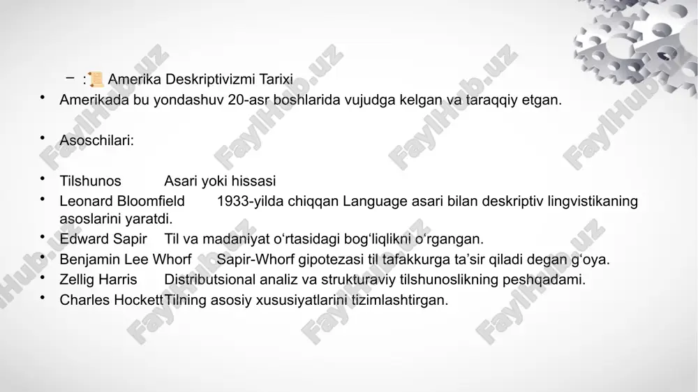 i. ernest xeminguey — sodda, ammo kuchli tasvirlar bilan inson psixologiyasini ochib beradi. toni morrison — afro-amerikaliklarning hayotini chuqur va tasviriy tarzda yoritadi. amerika deskriptivizmi tilshunoslikda ilmiy asoslangan, eksperimental, ob’yektiv, neyral yondashuv hisoblanadi. u yangi tillarni o‘rganish, korpus yaratish, matn tahlili, shevalarni o‘rganish, kompyuter lingvistikasi uchun asosiy poydevor vazifasini o‘taydi. hozirda ham bu yondashuv o‘z ahamiyatini yo‘qotmagan, balki korpus lingvistikasi va nlp (natural language processing) orqali rivojlanmoqda e’tiboringiz uchun rahmat image2.jpeg image1.jpeg /docprops/thumbnail.jpeg