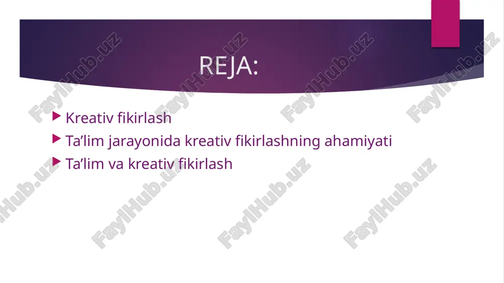 shfiyotchilik qobiliyatlarini qo‘llab-quvvatlash orqali asosiy bilimni egallashga erishiladi. pisa 2022 tadqiqotlari faqatgina 15 yoshli o‘quvchilarning kreativ fikrlash jarayoniga ko‘proq e’tibor qaratadi. bu xalqaro tadqiqot faqatgina ijodkoro‘quvchilarni ajratmasdan, balki o‘quvchilarning fikrlashini orttirish hamda fikrini ifodalashda va bu kabi qobiliyatlarini o‘qitish jarayoni maktab faoliyati yoki ta’limning boshqa xususiyatlari bilan qanchalik uzviyligini baholaydi. manba: https://moluch.ru/archive/449/98832/ www.daryo.uz www.wikipedia.uz e’tiboringiz uchun raxmat “ ” image1.jpeg image2.png image3.jpg image4.png image5.png image6.png /docprops/thumbnail.jpeg