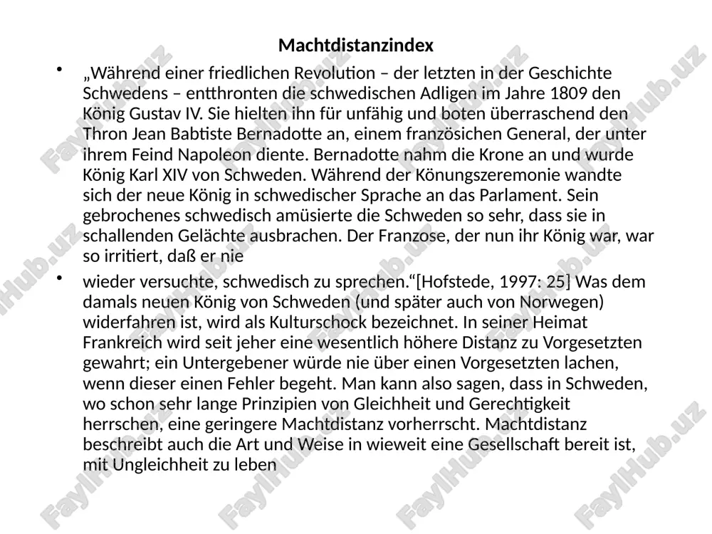 eine mentale programmierung noch vor dem arbeitnehmerverhältniss stattgefunden hat, genauso anwendung. was ein mensch im laufe seines lebens an kultureller programmierung erfährt, dass wird er in den darauffolgenden rollen seines lebens auch wieder anwenden. wir betrachten die von hofstede definierten signifikanzen des mdis in den verschiedenen ‚stationen‘ einer gesellschaft. familie: in gesellschaften mit hoher machtdistanz erwarten eltern von kindern gehorsam, in gesellschaften mit niedrigem mdi wird die entwicklung von unabhängigkeit gefördert, kinder werden gleichberechtigt behandelt, dürfen nein sagen schule: soziale rollen werden in der schule weiterentwickelt, gilt ein hoher mdi, so werden lehrer mit grossem respekt behandelt, lehrinhalt ist nicht vom stoff losgelöste wahrheit, sondern persönliche weisheit des lehrenden, qualität der lehre hängt nur vom lehrenden ab. körperliche züchtigung wird hingenommen in gesellschaft mit niedrigem mdi wird auf initiative des schülers wert gelegt, diskussion mit lehrenden ist möglich, system basiert auf unabhängigkeit; qualität des lernprozesses wird in beträchtlichem maße auch …