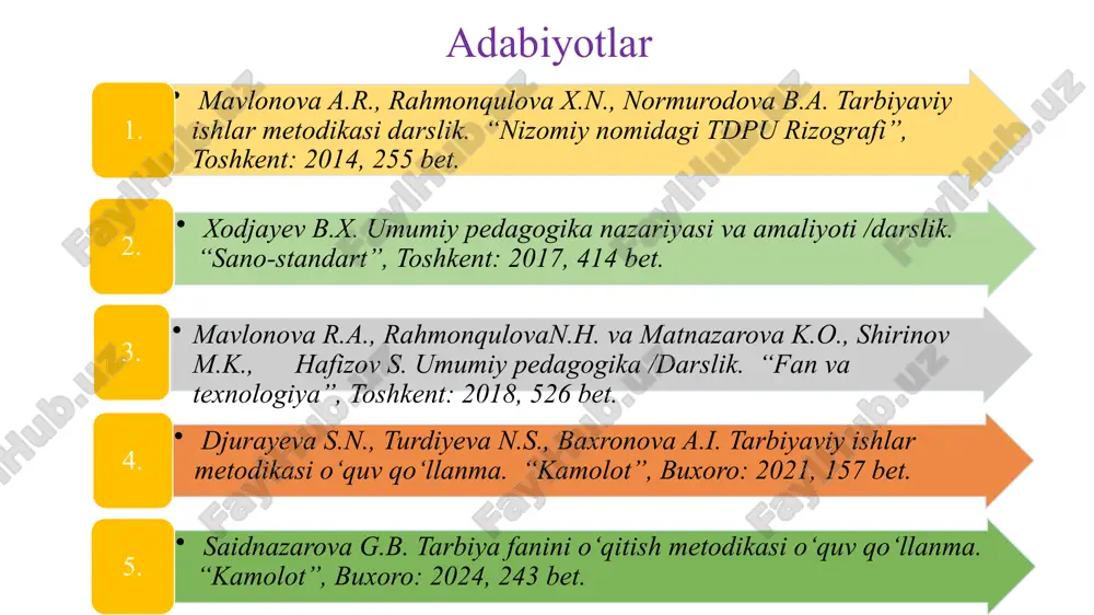 xassislik - malaka berish bilan yakunlanadigan muayyan kasbiy tayyorgarlik turining nomi; nodavlat ta’lim tashkiloti - davlat ta’lim standartlari, davlat ta’lim talablari va oʻquv dasturlariga muvofiq ta’lim xizmatlari koʻrsatish faoliyatini amalga oshirish huquqini beradigan litsenziya asosida yoki xabardor qilish tartibida ta’lim xizmatlari koʻrsatuvchi yuridik shaxs; tarbiya - aniq maqsadli hamda ijtimoiy-tarixiy tajriba asosida yosh avlodni har tomonlama kamol toptirishga, ularning ongini, ma’naviy-axloqiy qadriyatlar va dunyoqarashini shakllantirishga qaratilgan tizimli jarayon; ta’lim - ta’lim oluvchilarga chuqur nazariy bilim, malakalar va amaliy koʻnikmalar berishga, shuningdek ularning umumta’lim va kasbiy bilim, malaka hamda koʻnikmalarini shakllantirishga, qobiliyatini rivojlantirishga qaratilgan tizimli jarayon; ta’lim kampusi - yagona hududda birlashtirilgan oʻquv binolarini, ilmiy-tadqiqot institutlarini (markazlarini), ishlab chiqarish majmualari va texnoparklarni, ta’lim-tarbiya jarayoni ishtirokchilarining vaqtincha yashash joylarini, laboratoriyalarni, axborot-resurs markazlarini (kutubxonalarni), sport inshootlarini, umumiy ovqatlanish obyektlarini oʻz ichiga olgan binolar hamda inshootlar majmuidan iborat boʻlgan, oʻquv jarayoni, ma’naviy-axloqiy tarbiyaning yuqori samaradorligini ta’minlaydigan ta’lim-tarbiya muhiti; ta’lim-tarbiya jarayoni ishtirokchilari - ta’lim oluvchilar, …