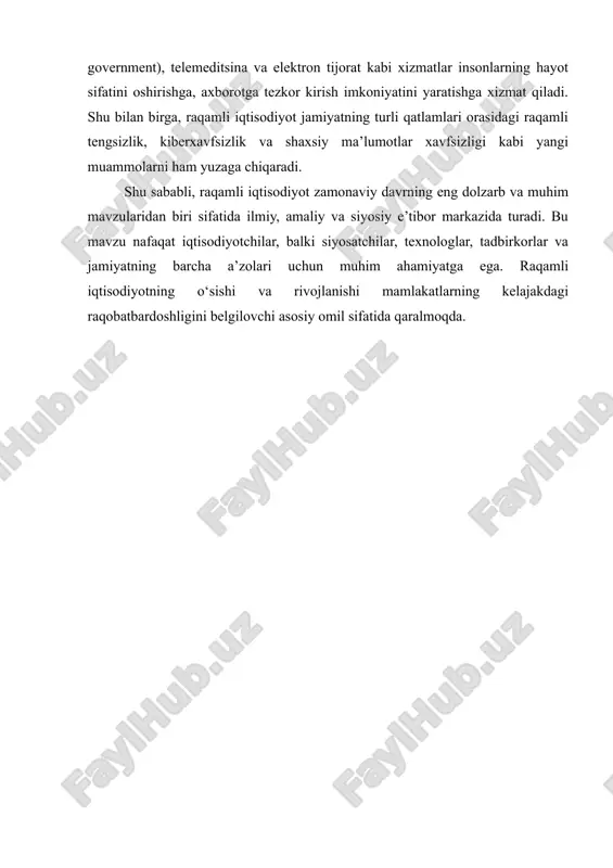 a mahsulot va xizmatlar yaratish jarayonida eng muhim omil axborot va ma’lumot hisoblanadi. shu sababli kompaniyalar va davlatlar o‘z ma’lumotlarini samarali boshqarish va ulardan iqtisodiy foyda olishga intiladi. 2. internet va raqamli platformalarning roli – elektron savdo (e-commerce), onlayn xizmatlar va raqamli moliya tizimlari raqamli iqtisodiyotning asosini tashkil qiladi. platformalar yordamida mahsulotlar va xizmatlar global miqyosda tezkor va samarali tarzda almashiladi. 3. sun’iy intellekt va avtomatlashtirish – raqamli iqtisodiyot jarayonlarida sun’iy intellekt, mashina o‘rganish va robotlashtirilgan tizimlar keng qo‘llaniladi. bu esa ishlab chiqarish va xizmat ko‘rsatish jarayonlarini optimallashtirish, xarajatlarni kamaytirish va samaradorlikni oshirish imkonini beradi. 4. katta ma’lumotlar (big data) va tahlil – iqtisodiy jarayonlar, xaridorlar xatti-harakati, moliyaviy oqimlar va bozor tendensiyalarini chuqur tahlil qilish raqamli iqtisodiyotning ajralmas qismi. bu ma’lumotlar asosida strategik qarorlar qabul qilinadi va iqtisodiy samaradorlik oshiriladi. raqamli iqtisodiyotning mohiyati va funksiyalari raqamli iqtisodiyot, bir tomondan, axborot va texnologiyalar orqali iqtisodiy resurslarni tezkor va samarali taqsimlash imkonini …