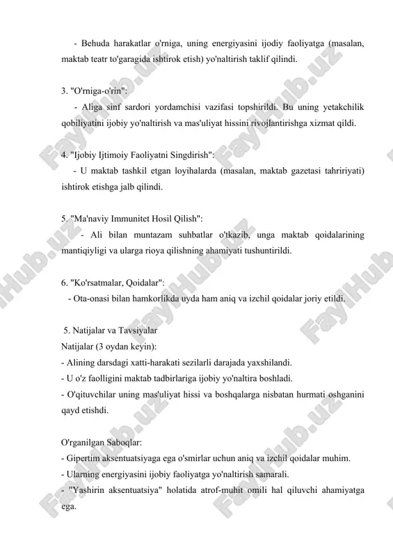 uni real ko'nikma va bilimlar bilan mustahkamlash. - ota-ona va maktab o'rtasidagi izchil hamkorlikni saqlash. xulosa: ushbu keys shuni ko'rsatadiki, xarakter aksentuatsiyasi patologiya emas, balki shaxsning individual xususiyatlarining kuchayishi hisoblanadi. uni tushunish va unga mos korreksion yondashuvlarni qo'llash orqali o'smirning salbiy xulq-atvorining oldini olish va uning ijobiy salohiyatini ochish mumkin. foydalanilgan adabiyotlar: 1. deviand xulq-atvor psixologiyasi i.m.xakimova o’quv qo’lanma toshkent 2014. 2. jurayev x. shaxs ijtimoiy ximoyasizligini ogishgan xulq atvorga tasirini ijtimoiy psixoanalitik mexanizmlari //barqarorlik va yetakchi tadqiqotlar onlayn ilmiy jurnali. – 2022. – t. 2. – №. 1. – s. 9-12 3. jurayev, x. o. (2023). o ‘spirinlik yoshida shaxsda stressli vaziyatlarda individual koping strategiyalarning o‘rni va axamiyati. educational research in universal sciences, 2(4), 512-515. 4. burlachuk f. psixodiagnostika. “piter”, 2002. 5. ananev b.g. “chelovek kak predmet poznaniya”. “piter”, 2001.