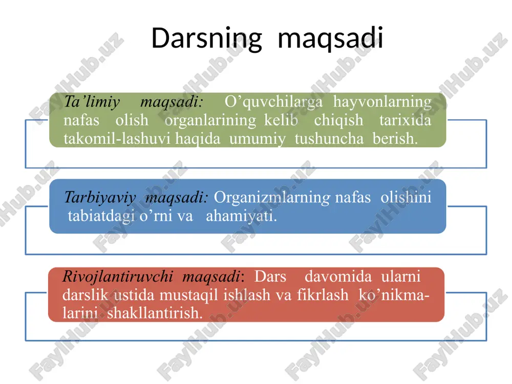 emasining boshlang’ich qismi uzviy bog’langan.bola tug’ilganda nafas olish sistemasi to’liq rivojlanmagan bo’ladi. odamlarda nafas olish tizimining takomillashishi balog’at yoshiga qadar davom etadi . xulosa shunday qilib, umurtqalilarning nafas olish tizimi ularning yashash muhitiga bog’liq holda rivojlanib, evolutsiya davomida nafas yo’llari ixtisoslashgan, nafas muskullari takomillashgan va gaz almashish sathi ortgan . uyga vazifa darslikdan mavzuni o’qib bilimini mustahkamlash va savollarga javob yozish mustaqil bajarish uchun mavzu yuzasidan berilgan jadvalni to’ldirish etiboringiz uchun raxmat ! image1.png image2.jpeg image3.jpeg image4.jpeg image5.jpeg image6.jpeg image7.jpeg image8.jpeg image9.jpeg image10.jpeg image11.jpeg image12.jpeg image13.jpeg image14.jpeg image15.jpeg image16.jpeg image17.jpeg image18.png image19.wmf /docprops/thumbnail.jpeg