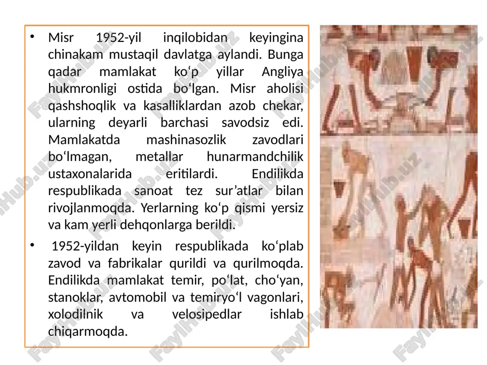 hrom“, kundalik gaz., 1875 y.dan), „al-axbor“ („xabarlar“, kundalik gaz., 1944 y.dan), „al-jumhuriya“ („respublika“, kundalik gaz., 1953 y.dan), „al-aholi“ (kundalik gaz., 1978 y.dan), „axbor al-yaum“ („kun yangiliklari“, kundalik gaz., 1944 y.dan). „alahror“ („liberallar“, haftalik gaz., 1977 y.dan), „al-vafd“ („delegatsiya“, haftalik gaz., 1984 y.dan), „axer saa“ („soʻnggi soatda“, haftalik jur., 1934 y.dan), „alka-vakib“ („yulduzlar“, haftalik jur., 1952 y.dan), „oktobr“ („oktyabr“, oylik jur., 1976 y.dan) — hammasi arab tilida; „jurnal d’ejipt“ („misr gazetasi“, fransuz tilida chikadigan kundalik xususiy gaz., 1936 y.dan), „ijipshn gazett“ („misr gazetasi“, ingliz tilida chiqadigan kundalik gaz., 1880 y.dan), „ijipshn meyl“ („misr pochtasi“, ingliz tilida chikadigan gaz., 1910 y.dan) va b. yaqin sharq axborot agentligi (mena), m.ning rasmiy axborot agentligi, 1955 y.datuzilgan. m. radioeshittirish va telekoʻrsatuv uyushmasi 1928 y.da tashkil etilgan. xo`jaligi misr— agrar-industrial mamlakat. jahon bozoriga yuqori si-fatli uzun tolali paxta va undan toʻqilgan gazlamalarni koʻp mikdorda yetkazib beradi. 70-y.lar oxiri —80-ylar boshlarida neft qazib olish va eksport qilish …