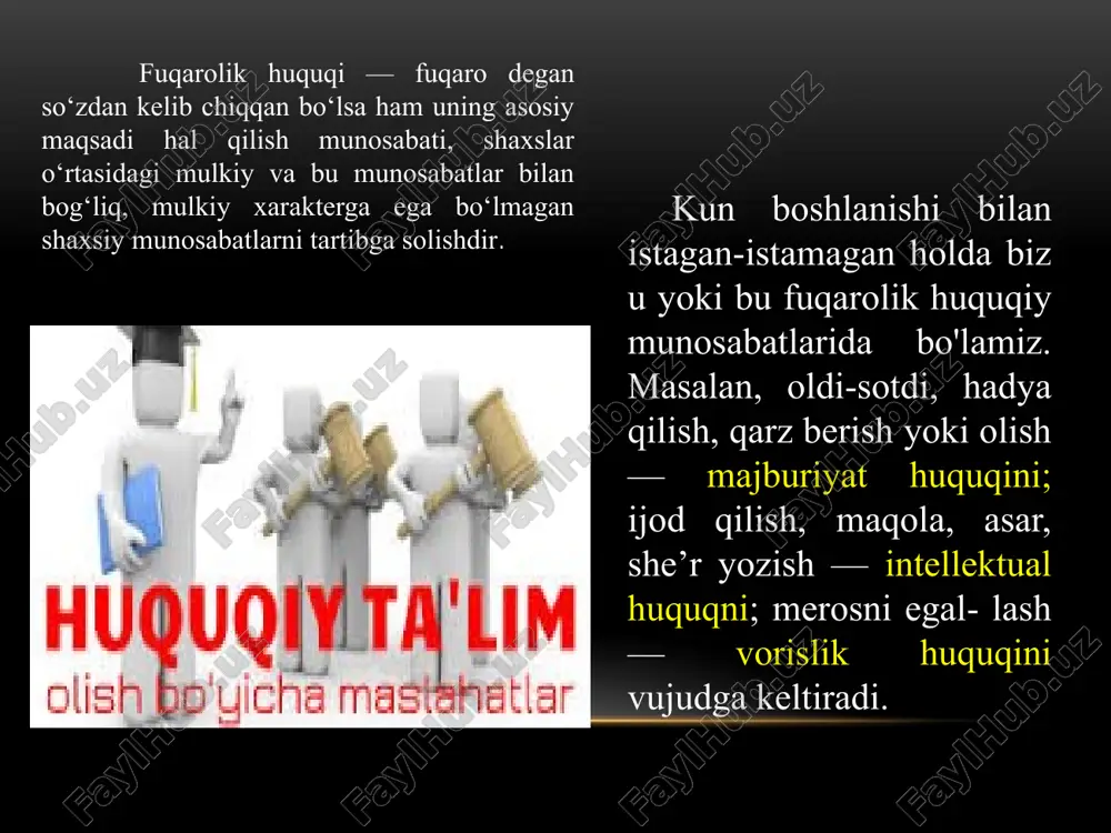 va nomulkiy bo‘lishi mumkin. mulkiy huquqiy munosabatlarga mulk bilan bog‘liq shartnomalar, maj- buriyatlar asosida mol-mulk bir mulk egasidan ikkinchisi- ga o‘tkazilishi, hadya qilinishi, qarzga berilishi va hoka- zolar kiradi. mulkni qaytarib olish va boshqa mulkiy munosabatlar bilan bog‘liq asoslardan ham kelib chiqadi. shaxsiy nomulkiy fuqarolik huquqiy munosabatlar shaxslarning or-nomusi, qadr-qimmati, shon-shuhrati bilan bog‘liqdir. masalan, birovning asarini ko‘chirib o‘z nomidan chop etish (plagiatlik)da muallif o ‘z nomini tiklatish uchun huquq buzuvchi shaxs ustidan shikoyat ariza bilan sudga murojaat qilishi mumkin. fuqarolar o‘z harakatlari bilan fuqarolik huquqlariga ega bo‘lishi va ularni amalga oshirishi, o‘zi uchun fuqarolik burchlarini keltirishi va ulami bajarish layoqati — muomala layoqati deb ataladi. muomala layoqati to‘la, to‘liqsiz, qonun asosida cheklangan bo‘lishi mumkin. to‘la muomala layoqati 18 yoshdan boshlab vujudga keladi. olti yoshdan o‘n to‘rt yoshgacha bo‘lgan kichik yoshdagi bolalar quyidagilami mustaqil ravishda amalga oshirishga haqlidirlar: mayda maishiy bitimlar. tekin manfaat ko‘rishga qaratilgan, notarial tas- diqlashni yoki davlat ro‘yxatidan …