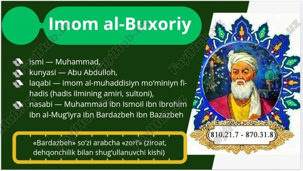 rosi musulmonlar uchun bebaho boylik bo‘lib, bugungi kunda ham ahamiyatini yo‘qotmagan. xulosa foydalanilgan adabiyotlar: 1. n.a. jumayeva. sharq allomalarining ilmiy merosi [matn] : oʻquv qoʻllanma, buxoro "durdona" nashriyoti - 2002; 2. sharq allomalarining ilmiy merosi, denov -2021 3.moziydan taralgan ziyo. imom al buxoriy, t., 1998; 4.oʻzme. birinchi jild. toshkent, 2000-yil 5.dushan fayziy zarafshoniy, imom albuxoriy, t., 1998; 6. https://doi.org/10.5281/zenodo.6303496 eʼtiboringiz uchun rahmat image1.jpeg image2.jpeg image3.jpeg image4.png image8.svg image5.png image10.svg image6.png image7.jpeg image8.jpeg image9.jpeg image10.png image11.jpeg image12.jpeg image13.jpeg image14.png image20.svg image15.jpeg image16.jpeg image17.jpeg image18.jpeg image19.jpeg image20.jpeg image21.jpeg image22.png image29.svg image23.jpeg /docprops/thumbnail.jpeg