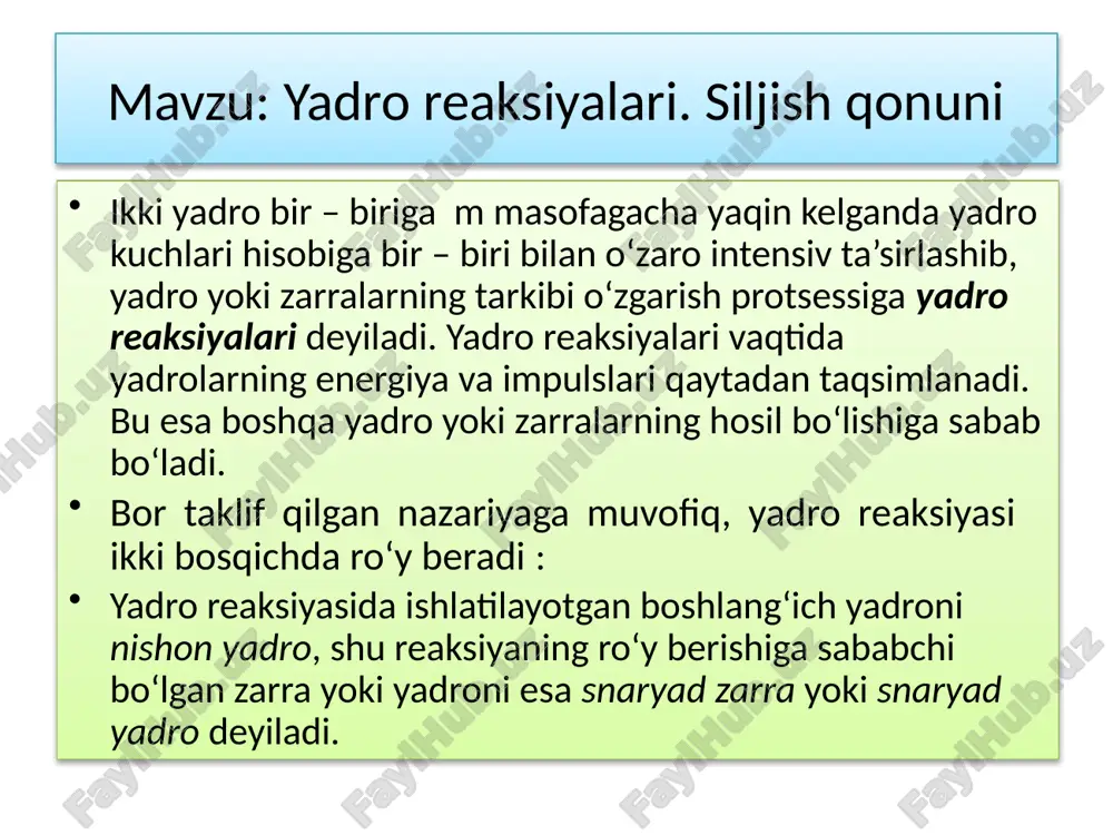 ish: yemirilishning bu turi pozitronli (elektronning antizarrasi) yemirilish deb atalib, bu yemirilish uchun siljish qoidasi quyidagicha bo‘ladi: yemirilishda yadrodan bitta pozitron ajralib chiqadi, ya’ni bitta proton yemirilish natijasida neytron, pozitron va neytrinoga aylanadi: elektron yutilishi: yemirilishning elektron qamrash yoki elektron yutish deb ataluvchi turida siljish qoidasi quyidagicha bo‘ladi: yemirilishning bu turida – elektron yutish jarayonida yadro o‘ziga eng yaqin elektron qobiqdagi (asosan k-qobiqdagi) elektronni yutadi. bu elektron yadrodagi biror proton bilan qo‘shilib, neytron va neytrinoga aylanadi: radioaktiv yemirilish natijasida hosil bo‘lgan bola yaroning o‘zi ham yana radoiaktiv element bo‘lishi mumkin. shuning uchun radioaktiv yemirilish jarayoni, odatda turg‘un element bilan tugallanadigan radioaktiv elementlar zanjirini hosil qiladi. elementlarning bunday zanjiriga radioaktiv oila deyiladi. hozirgi vaqtda to‘rtta radioaktiv oila bor: 1) uran oilasi; 2) aktiniy oilasi; 3) toriy oilasi; 4) neptuniy oilasi. uyga vazifa: 11-sinf darsligidagi 7-mashqning 10-18 misollarini yechish; nurlanish deb nimaga aytiladi? nurlanish deb nimaga aytiladi? nurlar qanday nurlar? u rentgen …