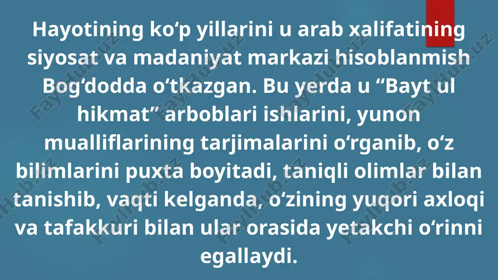 imlar forobiyning ishlarini asos sifatida o‘rganishgan. mantiq fanini asoslab berdi forobiy mantiqni barcha fanlarning asosiy vositasi deb hisoblagan. bu yondashuv ilm-fan metodologiyasining shakllanishida muhim rol o‘ynadi. musiqa ilmini ilmiy asosga qo‘ydi musiqa sohasini matematika bilan bog‘lab, nazariy jihatdan asoslab berdi. “katta musiqa kitobi” yevropa va sharqda musiqashunoslikka asos bo‘ldi. u musiqa tovushlari, ritmlar, ohanglar tuzilishini ilmiy tilda tushuntirdi. abu nasr forobiy ilm-fanning deyarli barcha sohalarida iz qoldirgan. u ilmni tizimlashtirgan, falsafani chuqurlashtirgan, mantiqni shakllantirgan, musiqani ilmiy asosda o‘rgangan va bu orqali sharq hamda g‘arb ilm-fan rivojiga ulkan hissa qo‘shgan. e`tiboringiz uchun rahmat! image6.jpeg image7.png image8.png image4.svg image9.png image6.svg image10.png image8.svg image2.png image3.png image4.png image5.png /docprops/thumbnail.jpeg