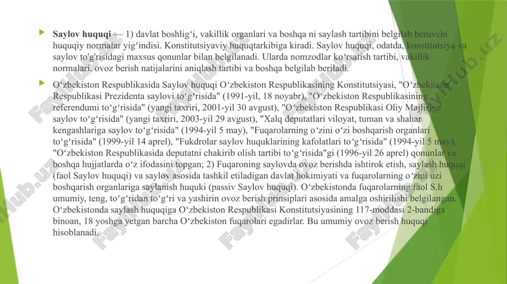 larining hamda ularni oʻrnatuvchi huquqiy normalarning majmui. saylov tizimi davlat vakillik organlarini shakllantirish yuzasidan mavjud bo‘lgan va fuqarolarni saylovga jalb etish, saylovlarni tashkil qilish va deputatning saylovchilar bilan oʻzaro munosabatlarini belgilaydigan tartibini, fuqarolarning barcha saylov huquqlarini oʻz ichiga oladi (qarang saylov huquqi). jahon mamlakatlarining davlat qurilishi tajribasida saylov tizimining quyidagi turlari qoʻllanadi: majoritar proporsional aralash majoritar saylov tizimi deganda (frans. majorite — ko‘pchilik so‘zidan) vakillik organlariga saylovlarda ovoz berish natijasini aniqlash tushuniladi. unda qonun bilan belgilangan koʻp ovozni olgan nomzod (yoki nomzodlar roʻyxati) muayyan okrug boʻyicha saylangan hisoblanadi. hozirgi zamon konstitutsiyaviy huquqida nisbatan mutlaq va malakali koʻpchilik ovoziga asoslangan majoritar saylov tizimlari qoʻllanadi. masalan, aqsh, buyuk britaniya, hindiston, meksika va boshqalarda. mutlaq koʻpchilik ovoziga asoslangan m ajoritar tizimda berilgan va haqiqiy deb topilgan ovozlarning umumiy sonidan mutlaq (yoki oddiy) koʻp ovoz (yaʼni 50% +1 ta ovoz) olgan nomzod saylangan hisoblanadi. agar nomzodlardan birontasi ham yetarlicha ovoz olmasa, qayta ovoz berish …