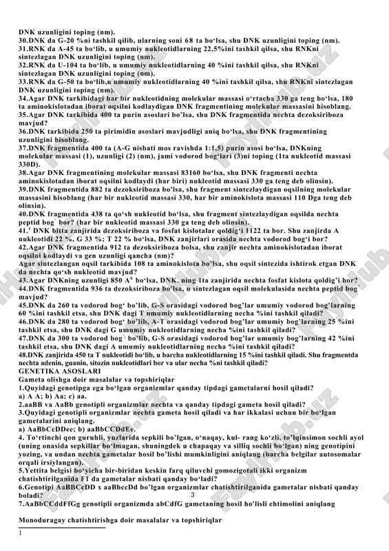 sonini (3) toping. 25.dnkning atggsataagtaaag zanjiridan sintezlangan i- rnk nechta aminokislotani kodlaydi? 26.agar rnk molekulasida 60 ta uratsil bo‘lib, ular umumiy nukleotidlarning 20 %ini tashkil qilsa, shu rnk informatsiya olgan dnk fragmenti uzunligi va nechta aminokislota sintezlashini toping. 27.gsgatgsgtatsasg dnkning 1-zanjiri yuqoridagicha bo‘lsa, shu dnkda a va t o'rtasidagi vodorod bog‘lar umumiy vodorod bog'larning necha %ini tashkil qiladi? 28.guugssuuassgaau rnkdagi nukleotidlar yuqoridagiday bo’lsa,shu rnkni sintezlagan dnkda g va s o‘rtasidagi vodorod boglarumumiy vodorod bog’larning necha %ini tashkil qiladi? 29.rnk da u-56 ta bo‘lib,u umumiy nukleotidlarning 40%ini tashkil qilsa, shu rnkni sintezlagan dnk uzunligini toping (nm). 30.dnk da g-20 %ni tashkil qilib, ularning soni 68 ta bo‘lsa, shu dnk uzunligini toping (nm). 31.rnk da a-45 ta bo‘lib, u umumiy nukleotidlarning 22,5%ini tashkil qilsa, shu rnkni sintezlagan dnk uzunligini toping (nm). 32.rnk da u-104 ta bo‘lib, u umumiy nukleotidlarning 40 %ini tashkil qilsa, shu rnkni sintezlagan dnk uzunligini toping (nm). 33.rnk da …