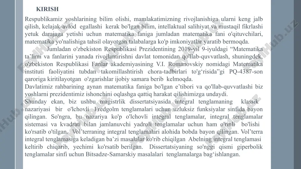 keltirilib uning ayrim xossalari o'rganib chiqilgan; abelning integral tenglamasi keltirib chiqarilib uning yechimi tekshirilgan; giperbolik sinfdagi bitsadze-samarskiy masalalari ta’riflangan, masala yechimining yagonaligi va mavjudligi isbotlangan. tadqiqotning asosiy masalalari va farazlari: ushbu dissertatsiya ishida giperbolik sinfdagi bitsadze-samarskiy masalasi o'rganilgan. shuningdek uni yechimini topishda integral tenglamalar nazariyasi tatbiq qilingan. tadqiqot natijalarining nazariy va amaliy ahamiyati: magistrli dissertatsiyasi ishida toplangan materiallardan integral tenglamalar mexanikada, texnika va defferensial tenglamalar nazariyasida, shuningdek bitsadze-samarski masalalarini yechimlari haqida ma’lumotlar olish mumkin. tadqiqot natijalari mexanika va texnika masalalarida uchraydigan amaliy masalalarni tahlil qilishda va matematika yo'nalishlaridagi talabalarga dars o'tishda foydalanish mumkin. ish tuzilmasining tavsifi: mazkur magistrlik dissertatsiya ishi vol’terra integral tenglamalari va ularning differensial tenglamalarni yechishga tadbiqlarini o'rganishga bagʻishlangan. dissertasiya kirish, uchta bob, oltita paragraf, xulosa va foydalanilgan adabiyotlar roʻyhatini oʻz ichiga oladi. dissertatsiya hajmi 74 betdan iborat. asosiy qism 1.1 -ta’rif: agar tenglamadagi nom'lum funksiya shu funksiyaning argumenti bo'yicha olinadigan integral ishorasi ostida bo'lsa, buday tenglama integral …