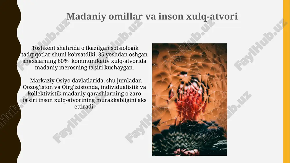 lar va xulq-atvorning shakllanishida muhim rol o'ynaydi. shaxsiy tajriba va xulq-atvor shaxsiy tajriba, masalan, 5 yoshida toshkentda yuz bergan avtohalokat, keyinchalik haydovchilik qilishdan qo'rqish kabi xulq-atvor o'zgarishlariga sabab bo'lishi mumkin. 200 dan ortiq ishtirokchi bilan o'tkazilgan tadqiqotlar shuni ko'rsatdiki, bolalik davrida samarqandda boshdan kechirilgan ijtimoiy izolyatsiya, kattalar hayotining turli jihatlarida ijtimoiy aloqalarga nisbatan salbiy munosabatni shakllantiradi. kognitiv jarayonlar va xulq-atvor milanga o'tkazilgan bir tadqiqotda aniqlandiki, kognitiv dissonans - 2 ta qarama-qarshi fikr yoki e'tiqod o'rtasidagi ziddiyat - insonning xatti-harakatlarini o'zgartirishga majbur qilishi mumkin. kognitiv jarayonlar, masalan, e'tibor va xotira, inson xulq-atvoriga sezilarli ta'sir ko'rsatadi; 2018 yilda o'tkazilgan tadqiqotlar shuni ko'rsatdiki, 70% dan ortiq xatoliklar e'tiborning etishmasligidan kelib chiqadi. ijtimoiy omillar va inson xulq-atvori shaharlashuv darajasi, misol uchun, toshkentdagi 3 million aholining zich joylashuvi, stress darajasini oshirib, individualistik xulq-atvor va raqobat muhitini yaratishga olib keladi. ijtimoiy normalar, masalan, o'zbekistondagi 50 yoshdan oshgan avlodlarning an'anaviy qadriyatlarga bo'lgan sodiqligi, inson xulq-atvoriga sezilarli ta'sir …