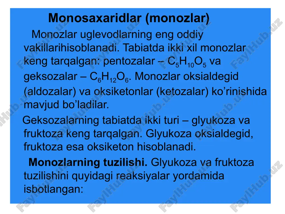 dlar suvda yaxshi eriydigan kristall moddalar bo’lib, ko’pchiligi shirin ta’mga ega. optik jihatdan faol. kimyoviy xossalari. monosaharidlar spirtlarni, karbonilli birikmalarni va yarimatsetallarni xossalarini takrorlaydilar. 1. monosaharidlarning qaytarilishi. monosaharidlar vodorod, litiy alyuminiy gidrid, natriy bor gidrid ta’sirida qaytarilganda ko’p atomli spirtga aylanadilar. 2. monosaharidlarning oksidlanishi. monosaharidlar oksidlanganda bir yoki ikki asosli oksikislotalarni hosil qiladilar. oksidlovchi sifatida gipoxlorid yoki gipobromid kislotalardan foydalaniladi: ajralib chiqadigan hbr kalsiy yoki bariy karbonat bilan neytrallanadi. 3. oksinitril sintezi. bu reaksiya yordamida quyi monosaharidlardan yuqori monosaharidlar hosil qilish mumkin. buni gyulkozadan d-geptoza hosil qilish misolida ko’rib chiqamiz: 4. giroksiaminnig ta’siri. bu reaksiya yordamida yuqori monosaharidlardan quyi monosaharidlarga o’tish mumkin bo’ladi: 5. fenilgidrazin ta’siri. bu reaksiya yordamida aldozalardan ketozalarni hosil qilish mumkin: 6. ishqorlar ta’siri. monosaharidlarga ishqorlar ta’sir ettirilganda izomerlanadilar. masalan, glyukoza ishqor ta’sirida fruktoza va mannozga izomerlanadi: 7. alkillash reaksiyasi. monosaharidlar alkillanganda ular yarimatsetallar shaklida reaksiyaga kirishadilar, ularga metil spirti bilan xlorid kislota aralashmasi ta’sir ettirilganda alkillash …