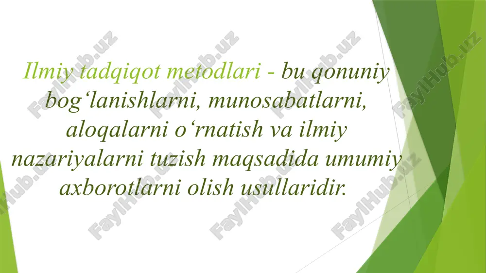 ipi ham bajarildi, ya’ni uchburchak va to’rtburchak figuralari bir jinsli tushunchalar bo’lib, ikkalasi ham ko’pburchakning xususiy hollaridir hamda taqqoslash metodi ikkala figuraning asosiy xossalariga nisbatan amalga oshirildi. umumlashtirish metodi. umumlashtirish tushunchasi ham matematika o’qitishdagi ilmiy izlanish metodlaridan biri bo’lib hisoblanadi. umumlashtirish usulining ahamiyatini atoqli olim a.n. kondakov quyidagicha ta’riflaydi. «umumlashtirish shunday mantiqiy usulki, uning vositasi orqali birlik fikrlashlardan umumiy fikrlashlarga o’tiladi». maktab matematika kursida umumlashtirish tushunchasi quyidagicha tatbiq qilinadi: 1) matematik tushunchalarni umumlashtirish; 2) teoremalarni isbotlashda umumlashtirish; 3) misol va masalalarni yechishda umumlashtirish. 1-misol. o’qituvchi abstraksiyalash metodini o’quvchilarga 3x5=15 misol orqali tushuntirishi maqsadga muvofiq. ma’lumki, bu oddiy matematik tenglikdir, ammo u obyektiv olamdagi ma’lum bir qonuniyatlarni aks ettiradi. agar 3x5= 15 tenglikka ma’lum bir shartlari qo’yilsa, u holda bu tenglik quyidagi qonuniyatlarni ifodalaydi: agar 3 sonini qalamlarning soni, 5 sonini har bir qalamning qiymati desak, u holda 15 soni jami qalamlarning qiymatini (qancha turishini) ifodalaydi. agar 3 sonini odamning piyoda …