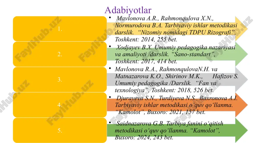 mutaxassislik - malaka berish bilan yakunlanadigan muayyan kasbiy tayyorgarlik turining nomi; nodavlat ta’lim tashkiloti - davlat ta’lim standartlari, davlat ta’lim talablari va oʻquv dasturlariga muvofiq ta’lim xizmatlari koʻrsatish faoliyatini amalga oshirish huquqini beradigan litsenziya asosida yoki xabardor qilish tartibida ta’lim xizmatlari koʻrsatuvchi yuridik shaxs; tarbiya - aniq maqsadli hamda ijtimoiy-tarixiy tajriba asosida yosh avlodni har tomonlama kamol toptirishga, ularning ongini, ma’naviy-axloqiy qadriyatlar va dunyoqarashini shakllantirishga qaratilgan tizimli jarayon; ta’lim - ta’lim oluvchilarga chuqur nazariy bilim, malakalar va amaliy koʻnikmalar berishga, shuningdek ularning umumta’lim va kasbiy bilim, malaka hamda koʻnikmalarini shakllantirishga, qobiliyatini rivojlantirishga qaratilgan tizimli jarayon; ta’lim kampusi - yagona hududda birlashtirilgan oʻquv binolarini, ilmiy-tadqiqot institutlarini (markazlarini), ishlab chiqarish majmualari va texnoparklarni, ta’lim-tarbiya jarayoni ishtirokchilarining vaqtincha yashash joylarini, laboratoriyalarni, axborot-resurs markazlarini (kutubxonalarni), sport inshootlarini, umumiy ovqatlanish obyektlarini oʻz ichiga olgan binolar hamda inshootlar majmuidan iborat boʻlgan, oʻquv jarayoni, ma’naviy-axloqiy tarbiyaning yuqori samaradorligini ta’minlaydigan ta’lim-tarbiya muhiti; ta’lim-tarbiya jarayoni ishtirokchilari - ta’lim oluvchilar, …