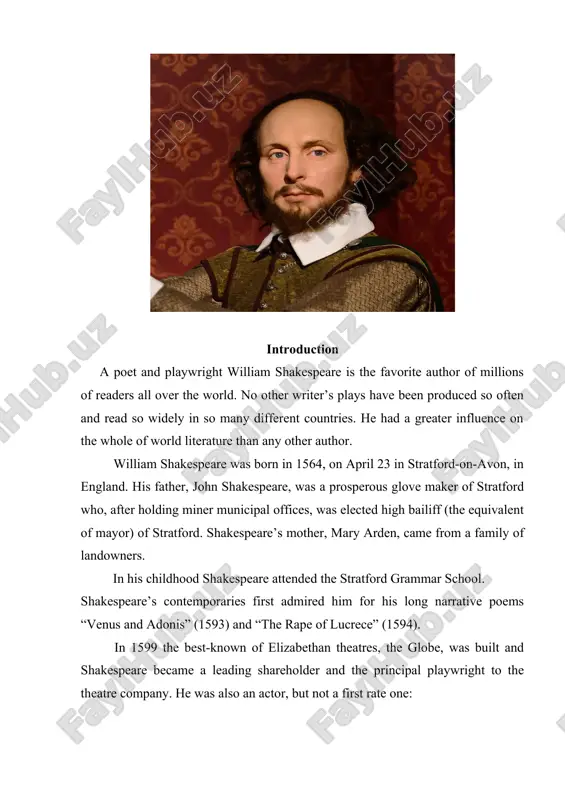 nets, two long narrative poems, and a few other verses, the authorship of some of which is uncertain. his plays have been translated into every major living language and are performed more often than those of any other playwright. shakespeare was born and brought up in stratford-upon-avon. at the age of 18, he married anne hathaway, with whom he had three children: susanna, and twins hamnet and judith. between 1585 and 1592, he began a successful career in london as an actor, writer, and part-owner of a playing company called the lord chamberlain's men, later known as the king's men. he appears to have retired to stratford around 1613 at age 49, where he died three years later. few records of shakespeare's private life survive, and there has been considerable speculation about such matters as his physical appearance, sexuality, religious beliefs. shakespeare produced most of his known work between 1589 …