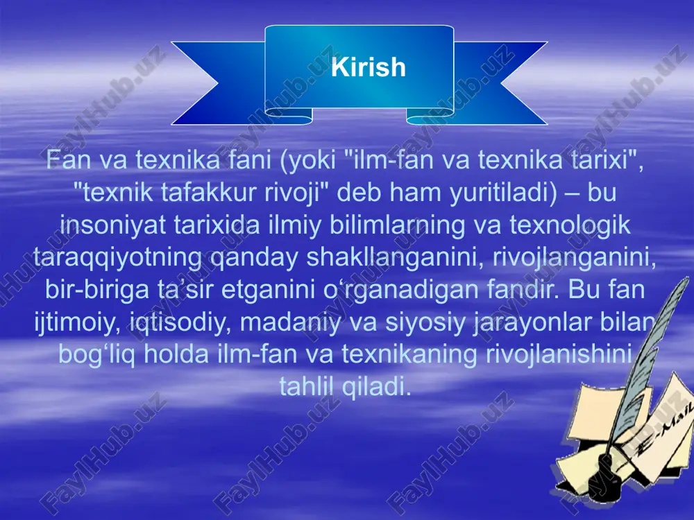 fanning rivojlanish istiqbollari a) kelajakda fan qanday rivojlanadi? sun’iy intellekt va mashinali o‘rganish ilmiy tadqiqotlar algoritmlar orqali avtomatlashtiriladi. inson fikrini to‘ldiruvchi, hatto muqobil fikrlovchi tizimlar paydo bo‘ladi. genetik va biotexnologik sohalar kasalliklarning oldini olish, shaxsga mos muolajalar yaratish mumkin bo‘ladi. genetik muhandislik inson salomatligini tubdan o‘zgartiradi. 4. barqaror rivojlanish yo‘nalishida fan iqlim o‘zgarishi, global isish va ekologik inqirozga qarshi kurashda fan muhim rol o‘ynaydi. “yashil energiya”, bioyoqilg‘i, qayta tiklanuvchi energiya manbalari fanning asosiy yo‘nalishlaridan biri bo‘ladi. 3. kosmosni tadqiq qilish yangi sayyoralar, fazoviy stansiyalar va sun’iy yo‘ldoshlar orqali kosmos ilm-fani keskin rivojlanadi. insonlarning ilk jamiyatlari va ilmlarning manbasi insoniyat tarixining dastlabki bosqichlari — bu inson jamiyatining shakllanishi, birinchi ilmiy qarashlarning paydo bo‘lishi va tafakkurning asta-sekin rivojlanish davridir. insonlar dastlab tabiiy muhit bilan bevosita to‘qnash kelgan holda yashagan va bu holat ularning ongida ilk bilimlar manbasini shakllantirgan. ilmlar evolyutsiyasi insoniyatning tabiatni, o‘zini va atrof-muhitni anglashga bo‘lgan intilishidan boshlangan. 2. ilk jamiyatlar …
