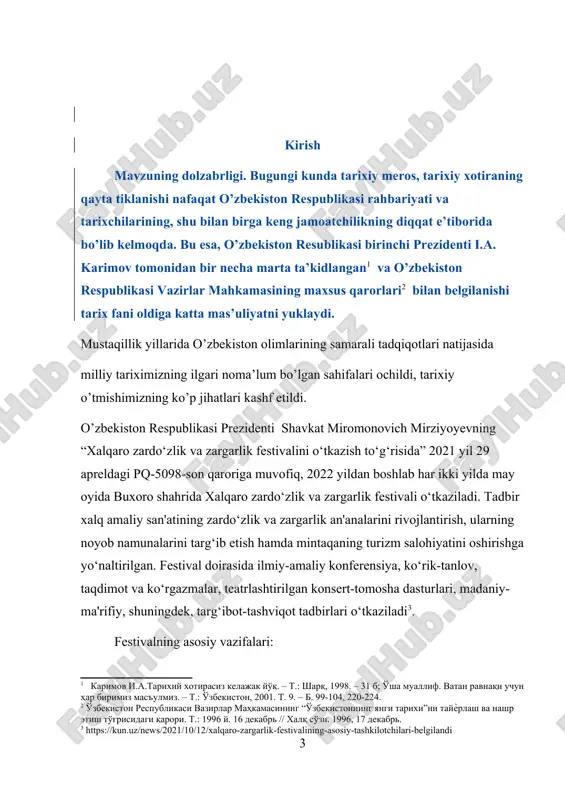 nferensiya tashkil etildi. toshkent shahrida xorijiy mamlakatlarning zargarlik tarmog‘i vakillari, xorijiy investorlar, ekspertlar va mutaxassislarni jalb etildi. bu olib borilayotgan ishlar yuzasidan shuni ma’lum qilamizki , milliy qadimiy o’ziga xos san’atimiz hisoblanmish zargarlik san’atini,milliy taqinchoqlarimizni dunyoga tanitishimiz zarur.bu esa zamonaviy tarix fani uchun dolzarb hisoblanadi. bitiruv malakaviy ishining davriy chegarasi xx –xxi asrlarni o’z ichiga olgan bo’lib,mustaqillik yillarida zargarlik san’ati va milliy taqinchoqlarga doir chop etilgan ilmiy nashrlar tahlil etildi. muammoning o’rganilganlik darajasi bitiruv malakaviy ishining maqsadi – o’zbekiston mustaqilligi yillarida zargarlik san’atiga oid amalga oshirilgan ilmiy tadqiqotlarni tarixshunoslik doirasida ularning yo’nalishlari va mohiyatini tahlil etishdan iborat. mustaqillikdan so’ng an’anaviy,milliy rusumdagi taqinchoqlarga bo’lgan qiziqishning ortishi natijasida usta zargarlar tomonidan oldingi davrlarga xos miliy taqinchoqlar majmuini yaratish borasida b ir qator ishlar amalga oshirilganligi madaniy qadriyatlarimizning tiklanishida muhim ahamiyatga ega bo’ladi. shunga ko’ra, ishda quyidagi vazifalar amalga oshiriladi: – mavzuga tegishli bo’lgan turli soha vakillari tadqiqotlarini umumlashtirish, tizimga solish va yondashuvlarini …