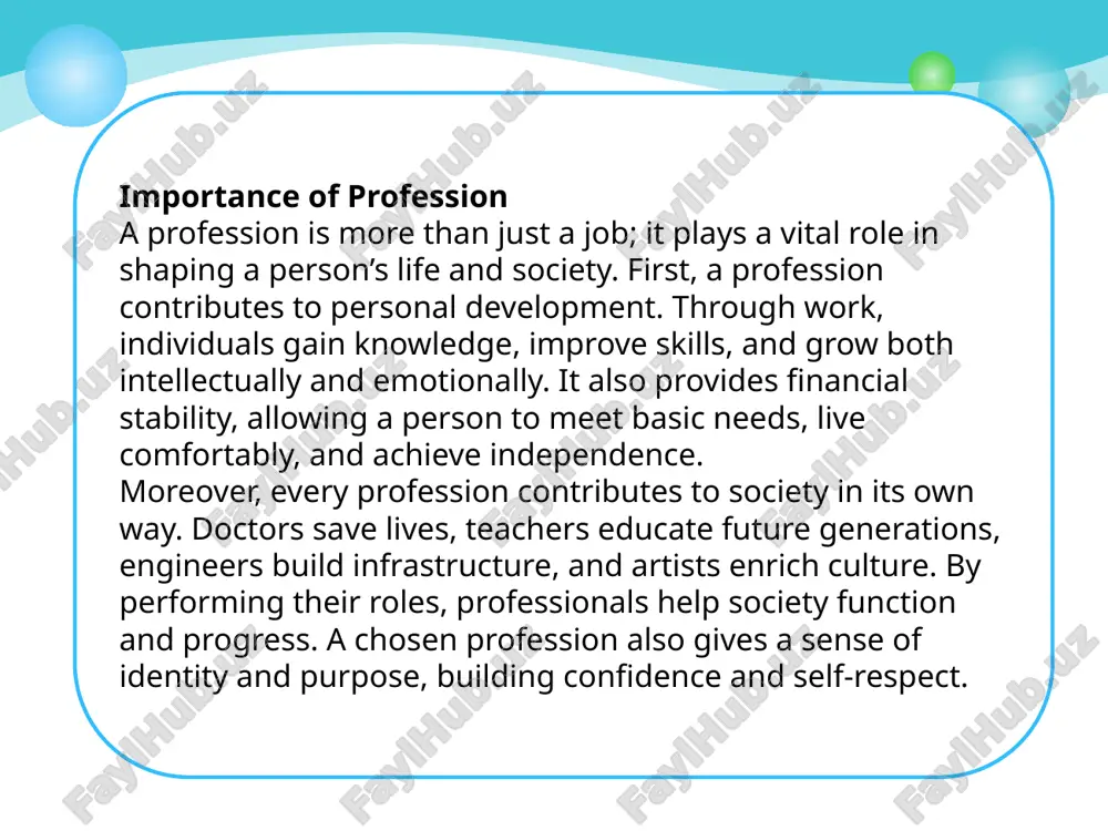 . social workers: help disadvantaged groups, provide counseling, and solve social issues. police officers: maintain law and order, protect citizens, and ensure public safety. emerging professions as the world changes, new professions arise to meet modern challenges. these are often linked to technology, sustainability, and innovation. ai specialists: develop artificial intelligence systems for healthcare, industry, and daily life. environmental scientists: research solutions to pollution, climate change, and natural resource management. renewable energy engineers: create solar, wind, and other sustainable energy technologies. cybersecurity experts: protect individuals, companies, and governments from digital threats. robotics engineers: design and build robots for manufacturing, medicine, and other applications. importance of exploring different professions learning about different careers helps individuals find their passion and match it with their skills. understanding various professions allows one to make informed decisions about education and training. exposure to multiple fields increases adaptability in a changing job market. in conclusion, professions …