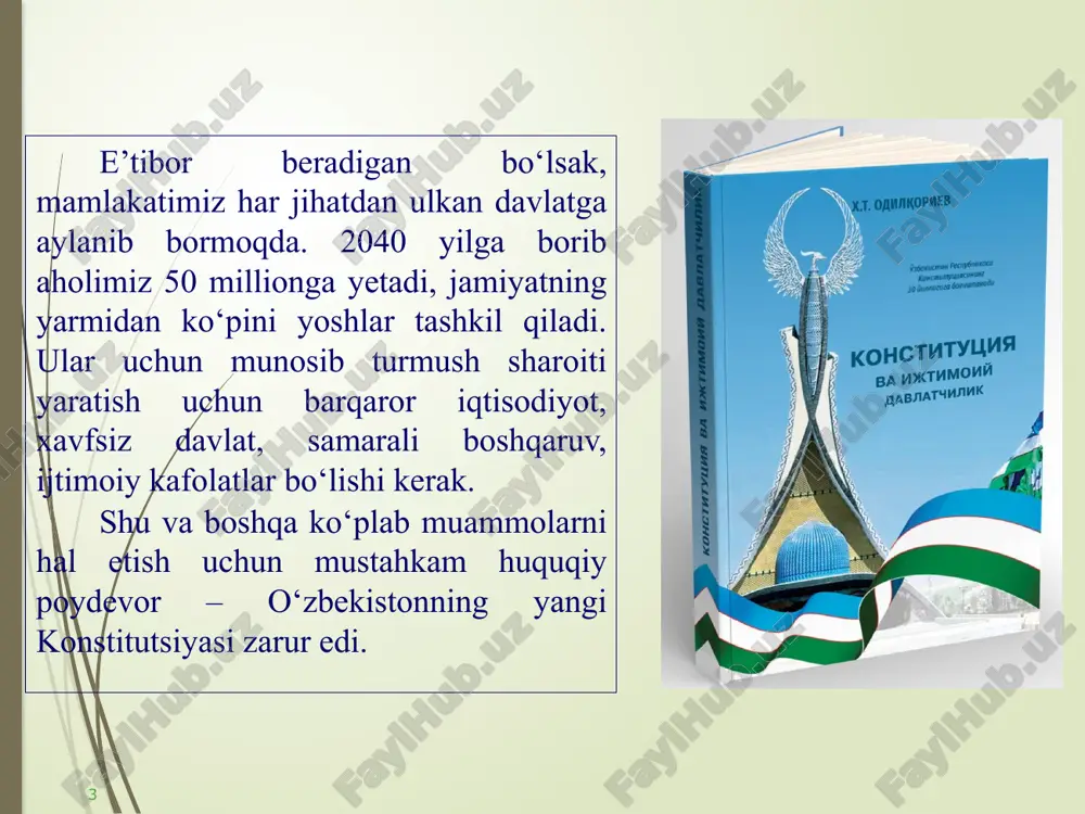 obar oshirildi. 8 konstitutsiyada o‘zbekiston suveren, demokratik, huquqiy va ijtimoiy davlat ekanligi belgilab qo‘yilgan. kuchli ijtimoiy himoya va aholining ijtimoiy himoyaga muhtoj qatlamiga g‘amxo‘rlik ko‘rsatish davlat siyosatining muhim yo‘nalishi bo‘lib qoladi. tariximizda birinchi marta o‘zbekiston ijtimoiy davlat sifatida belgilandi. bu insonga e’tibor va g‘amxo‘rlik davlat va jamiyatning eng muhim burchi ekani tasdiqlandi. konstitutsiyada davlat qashshoqlikni kamaytirish, aholi bandligini ta’minlash va ishsizlikdan himoya qilish bo‘yicha qator yangi majburiyatlarni olishi belgilab qo‘yilgan. umuman olganda, konstitutsiyaning davlatning ijtimoiy sohadagi majburiyatlariga oid normalari 3 barobar oshirildi. 9 har bir fuqaro, jumladan, yosh oilalar ham o‘z boshpanasiga ega bo‘lib, odamlarning hayotdan mamnunligini oshiradi. bundan tashqari, hech kim sud qarorisiz va qonunni buzgan holda uy-joyidan mahrum etilishi mumkin emas hamda uy-joyidan mahrum etilgan mulkdorga uy-joy qiymati va hollarda ko‘rilgan zararning o‘rni qoplanishi ta’minlangan. 10 aholiga bepul tibbiy xizmat ko‘rsatish ham kafolatlangan. umuman, konstitutsiyada aholi salomatligini muhofaza qilish bilan bog‘liq normalar to‘rt barobar oshirildi. bu aholi salomatligini …