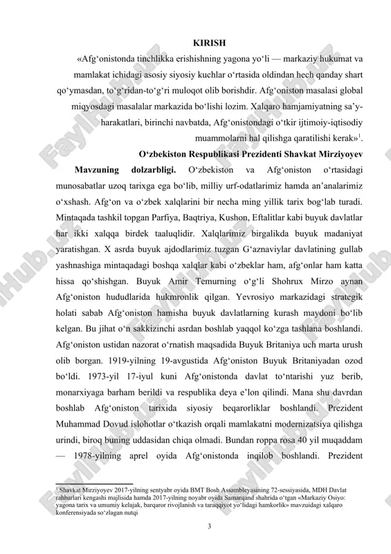 mlakatimizning ikki tomonlama munosabatlarga ajratayotgan e’tibori namunasi bo‘ldi. mavzuning o'rganilish darajasi. mirziyoyev va g’ani xavfsizlik, siyosiy munosabatlar, mintaqa va xalqaro maydondagi vaziyat, ikki tomonlama hamkorlikni rivojlantirish haqida gaplashgan. hamkorlikka doir 20 dan ortiq hujjat imzolangan. mirziyoyevning ta’kidlashicha, u g’ani bilan barcha masalalarda, jumladan nozik siyosiy mavzularda ham kelishuvga erishgan. tomonlar hamkorlikni rivojlantirish qarorida qat’iy, buning uchun imkoniyatlar bor; o’zbekiston afgonistonda tinchlik qaror topishi uchun milliy yarash bo’yicha muzokaralar o’tkazish g’oyasini quvvatlaydi, dedi u. “o’zbekiston afg’onistonda barqarorlik o’rnatilishiga qaratilgan barcha amaliy tashabbuslarni qo’llab-quvvatlaydi. afg’oniston muammosini harbiy yo’l bilan hal etib bo’lmaydi. bu o’lkada tinchlik va barqarorlik o’rnatilishi uchun siyosiy muzokaralar olib borish kerak, barcha jabhalarda, xavfsizligimiz bo’yicha ham kelishib oldik. afg’onistonda donor davlatlar, bmt ishtirokida umummilliy yarashuvga erishish muhimdir. biz mana shu muhimlikning barcha qirralarini janob prezident bilan muhokama qilib oldik. biz afg’oniston hukumatini mamlakatda tinchlik va barqarorlik o’rnatish, muzokarlar orqali umummilliy yarashuvga erishish, ijtimoiy iqtisodiy vaziyatni yaxshilashdagi harakatlarini to’la olqishlaymiz”, …