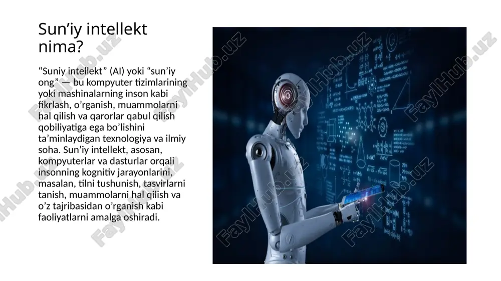alarida ishlatiladi. tabiiy resurslarni tejash, chiqindilarni kamaytirish va ekologik monitoring qilishda si tizimlaridan foydalaniladi. sun’iy intellekt “aqlli uy” tizimlarida keng qo’llaniladi. bunga quyidagilar kiradi: • aqlli chiroqlar, isitish va sovutish tizimlari: bu tizimlar odamlarning odatlarini o’rganib, uyda energiya samaradorligini oshiradi va qulaylik yaratadi. • aqlli xavfsizlik tizimlari: uyi to’siq yoki xavfsizlik kameralarini nazorat qiladigan tizimlar, sun’iy intellekt orqali harakatlarni tahlil qiladi va yuzlarni tanish imkoniyatiga ega. sun’iy intellektning huquq sohasidagi o’rni ham hozirgi kunda beqiyosdir. jamiyatning boshqa sohalaridagi kabi qonunchilikda ahm si ning ishlatilishi , ko’plab qonunchilik saytlarning yaratilishi va shu bilan bir qatorda jamiyatni ko’plab noqulayliklardan saqladi. bunga yaqqol misol qilib adliya vazirligining sayti advice.com ni olishimiz mumkin. sun’iy intellekt (si) informatikada muhim rol o‘ynaydi, chunki u ma’lumotlarni qayta ishlash, tahlil qilish va qaror qabul qilish jarayonlarini avtomatlashtirishga imkon beradi. informatikaning turli yo‘nalishlarida si texnologiyalari faol qo‘llanilmoqda. quyida uning asosiy rollari haqida ma’lumot berilgan: 1. ma’lumotlarni tahlil qilish va …