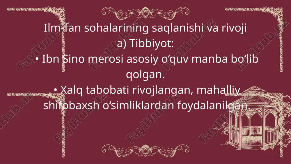 hiligi – ko‘p gumbazli inshootlar, ko‘k koshinli bezaklar. xiva uslubi – minoralar va ochiq hovlili madrasa-masjidlar, sirkorlik (nafis yog‘och o‘ymakorligi). qo‘qon me’morchiligi – chiroyli peshtoq va ravoq ishlari, rang-barang naqshlar. bezatishda yangi elementlar paydo bo‘ldi • koshinlar yanada murakkab kompozitsiyada ishlatilgan. • yog‘och va ganch o‘ymakorligi takomillashdi (ayniqsa xiva va qo‘qonda). • muqarnas (stalaktitga o‘xshash dekor) keng qo‘llanilgan. jamoat va diniy inshootlar ko‘paydi • qurilish asosan madrasa, masjid, sardoba, xonaqoh, bozor va darvozalarga qaratilgan. • suv inshootlari (ariqlar, sardobalar, korizlar) texnik jihatdan takomillashgan. qurilgan muhim inshootlar buxoro xonligi (16–18 asrlar) mir arab madrasasi (16-asr): ulug‘ diniy ta’lim maskani , ubaydullaxon davrida qurilgan. abdulazizxon madrasasi (17-asr): bezaklari juda nafis ganchkori va koshin ishlari juda boy. kalon minorasi va masjidi ta’mirlangan va yangidan foydalanishga topshirilgan. xiva xonligi (17–19 asrlar) • pahlavon mahmud maqbarasi: juda nafis koshinkorlik namunasi. • muhammad aminxon madrasasi (1851–1854): xivadagi eng yirik madrasa, ikki qavatli. • kalta minor: qurilishi …