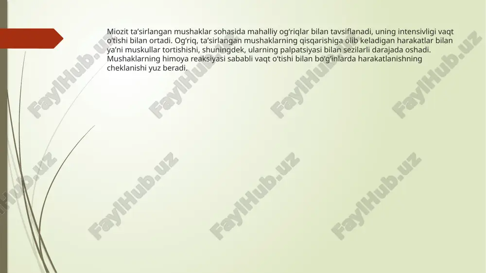 anib, ularning yallig‘lanishiga olib keladi. gingivitda milklar qizaradi, qonaydi, og‘riydi. agar bu bosqichda chora ko‘rilmasa, u periodontitga o‘tadi. stomatit – og‘iz bo‘shlig‘ining shilliq qavati yallig‘lanishidir. u bakterial, virusli yoki allergik sabablar bilan bog‘liq bo‘lishi mumkin. stomatitda og‘iz ichida yara yoki oq dog‘lar hosil bo‘ladi, bemor og‘izda achishish, og‘riq va noqulaylik his qiladi. /docprops/thumbnail.jpeg