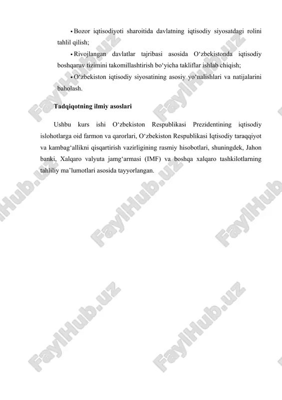 d va xarajatlarini boshqarish. 2. pul-kredit siyosati – markaziy bank tomonidan foiz stavkalari va pul massasi ustidan nazorat olib borish. 3. soliq siyosati – tadbirkorlikni rag‘batlantirish va daromadlarni qayta taqsimlash. 4. investitsion siyosat – mahalliy va xorijiy investitsiyalarni jalb qilish. iqtisodiy siyosatning zaruriyati iqtisodiy siyosat mamlakatning barqaror rivojlanishi uchun muhim bo‘lib, u quyidagi omillar tufayli zarur hisoblanadi: · bozor iqtisodiyotini tartibga solish – bozorning o‘z-o‘zini tartibga solish mexanizmlari yetarli darajada samarali ishlamaydi, shuning uchun davlat iqtisodiyotni boshqarishda faol ishtirok etadi. · iqtisodiy inqirozlarning oldini olish – moliyaviy beqarorlik va iqtisodiy tushkunlik sharoitida davlatning aralashuvi iqtisodiyotni barqarorlashtirishga yordam beradi. · xalqaro tajriba – rivojlangan mamlakatlar tajribasi shuni ko‘rsatadiki, iqtisodiy siyosatni samarali yuritish natijasida barqaror iqtisodiy o‘sishga erishish mumkin . o‘zbekistonda so‘nggi yillarda olib borilayotgan iqtisodiy islohotlar iqtisodiy siyosatning ahamiyatini yanada oshirdi. prezident shavkat mirziyoyev 2023-yil 20-dekabrda oliy majlisga murojaatida iqtisodiy siyosatni yanada erkinlashtirish, tadbirkorlikni rivojlantirish va byurokratik to‘siqlarni kamaytirishga qaratilgan chora-tadbirlar …