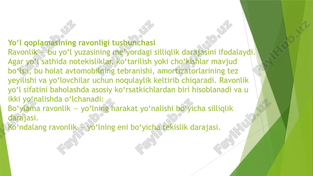 qish yo‘nalishida nosozliklar. transport vositalarining tebranish darajasi. o‘lchov natijalari asosida yo‘lni ta’mirlash zarurati aniqlanadi. agar ravonlik me’yorlardan chiqsa, sathni frezalash, qayta asfaltlash yoki tekislash ishlari amalga oshiriladi. /docprops/thumbnail.jpeg