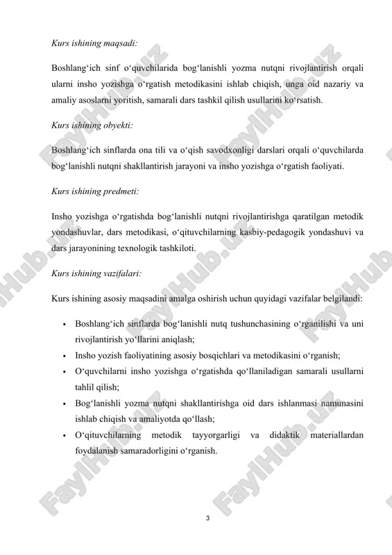 samarali usullarni tahlil qilish; · bogʻlanishli yozma nutqni shakllantirishga oid dars ishlanmasi namunasini ishlab chiqish va amaliyotda qo‘llash; · o‘qituvchilarning metodik tayyorgarligi va didaktik materiallardan foydalanish samaradorligini o‘rganish. kurs ishining metodlari: tadqiqotda nazariy tahlil, kuzatish, tajriba-sinov ishlari, umumlashtirish, taqqoslash, statistik tahlil, innovatsion va amaliy metodlardan foydalanildi. kurs ishining metodologik asoslari: kurs ishining metodologik asosini o‘zbekiston respublikasi konstitutsiyasi, “taʼlim to‘g‘risida”gi qonun, prezident farmonlari va qarorlari, davlat taʼlim standarti, milliy o‘quv dasturi, boshlang‘ich taʼlim konsepsiyasi, zamonaviy pedagogik va psixologik qarashlar tashkil etadi. kurs ishining tuzilishi: ushbu kurs ishi kirish qismi, ikki asosiy bob, beshta paragraf, xulosa va tavsiyalar, foydalanilgan adabiyotlar ro‘yxati hamda ilovalardan iborat. i-bob. bogʻlanishli nutq va insho yozish faoliyatining nazariy asoslari 1.1. bogʻlanishli nutq tushunchasi va uning o‘ziga xos xususiyatlari fikrni bayon etish ehtiyojini amalga oshirishga qaratilgan, tugallangan mavzuni ifodalaydigan, logik va grammatik qoidalar asosida tuzilgan, mustaqil, tugallangan va o’zaro bog’langan ma’noli qismlarga bo’linadigan nutq bog’lanishli nutq deyiladi. bog’lanishli nutq …