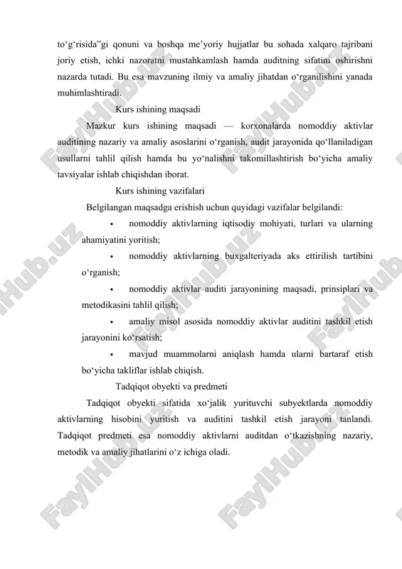 hkiliy xarajatlar, franshizalar, mualliflik huquqlari, er va tabiiy resurslardan foydalanish huquqlari, xizmat ko’rsatish belgilari va boshqalar kiradi. mavjud me’yoriy hujjatlar va amaliy tajribaga tayangan holda nomoddiy aktivlar auditini quyidagi tartibda o’tkazish maqsadga muvofiqdir: hisob ob’ektlarining nomoddiy aktivlar qatoriga to’g’ri kiritilganligi, intellektual mulk, sanoat namunalari va shunga o’xshashlar uchun korxonaga mulkiy huquq beradigan hujjatlarni tahlil qilish, hujjatlarda aks ettirilgan qiymat ko’rsatkichlarini o’rganish, nomoddiy aktivlar kirimi, eskirish hisoblash va hisobdan chiqarilishiga doir muomalalarning buxgalterlik hisobida to’g’ri aks ettirilishi; nomoddiy aktivlarning haqiqatda mavjudligini inventarizatsiya qilish; nomoddiy aktivlarni hisobga olish va uning huquqiy jihatdan to’g’ri rasmiylashtirilganligi haqidagi xulosalarni umumlashtirish va aniqlangan xato kamchiliklarni tuzatish bo’yicha tadbirlar belgilash. mohiyatiga ko’ra nomoddiy aktivlar qatoriga jismoniy shaklga ega bo’lmagan, lekin korxona faoliyatida uning boshqa aktivlari qatorida qatnashib daromad keltiruvchi mablag’lar kiritiladi. patentlar, litsenziyalar, savdo markalari, savdo belgilari, mualliflik huquqlari kabi nomoddiy aktivlarning mohiyati o’zbekiston respublikasining tegishli yuridik qonunlari bilan tartibga solib turiladi. nomoddiy aktivlarning o’ziga xos belgilari …