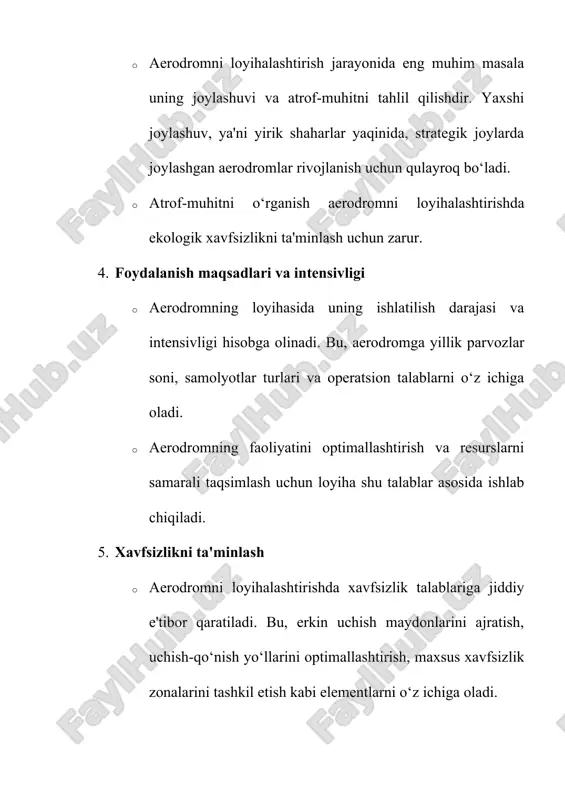 i loyihalashtirishning asosiy tasmalar va bosqichlari 1. dastlabki loyihalash va talablarni belgilash · aerodromni loyihalash jarayoni dastlabki o‘rganish bosqichidan boshlanadi. bu bosqichda aerodromning joylashuvi, o‘lchamlari, xavfsizlik talablari va boshqa parametrlar belgilab olinadi. · dastlabki loyiha ishlab chiqilishi va belgilangan talablarga mos kelishi kerak. 2. o‘rganish va tahlil · aerodromni loyihalashning ikkinchi bosqichi o‘rganish va tahlilni o‘z ichiga oladi. bu bosqichda aerodromning atrof-muhitini, havo harakatlarini va boshqa tashkiliy jihatlarni tahlil qilish zarur. · havo sharoitlari, samolyot harakatlari, shahar infratuzilmasi va demografik ko‘rsatkichlar o‘rganiladi. 3. texnik jihatlarni ishlab chiqish · aerodromning texnik loyihasini ishlab chiqish jarayonida uning dizayni, qurilish materiallari va texnologiyalari belgilab olinadi. · aerodromning barcha qurilmalari, jumladan, uchish-qo‘nish yo‘llari, terminallar, yoritish tizimlari va boshqa elementlar ishlab chiqiladi. 4. xavfsizlik va ekologik talablar · loyihalash jarayonida xavfsizlikni ta'minlash va ekologik talablarni hisobga olish juda muhimdir. · aerodromning atrofidagi hududlar uchun ekologik tasvir va xavfsizlik mezonlarini belgilash muhim. 5. samolyotlar va texnik …